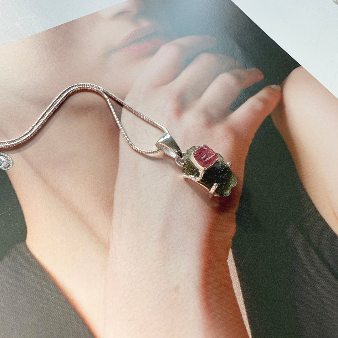 Moldavite & Pink Tourmaline Pendant
