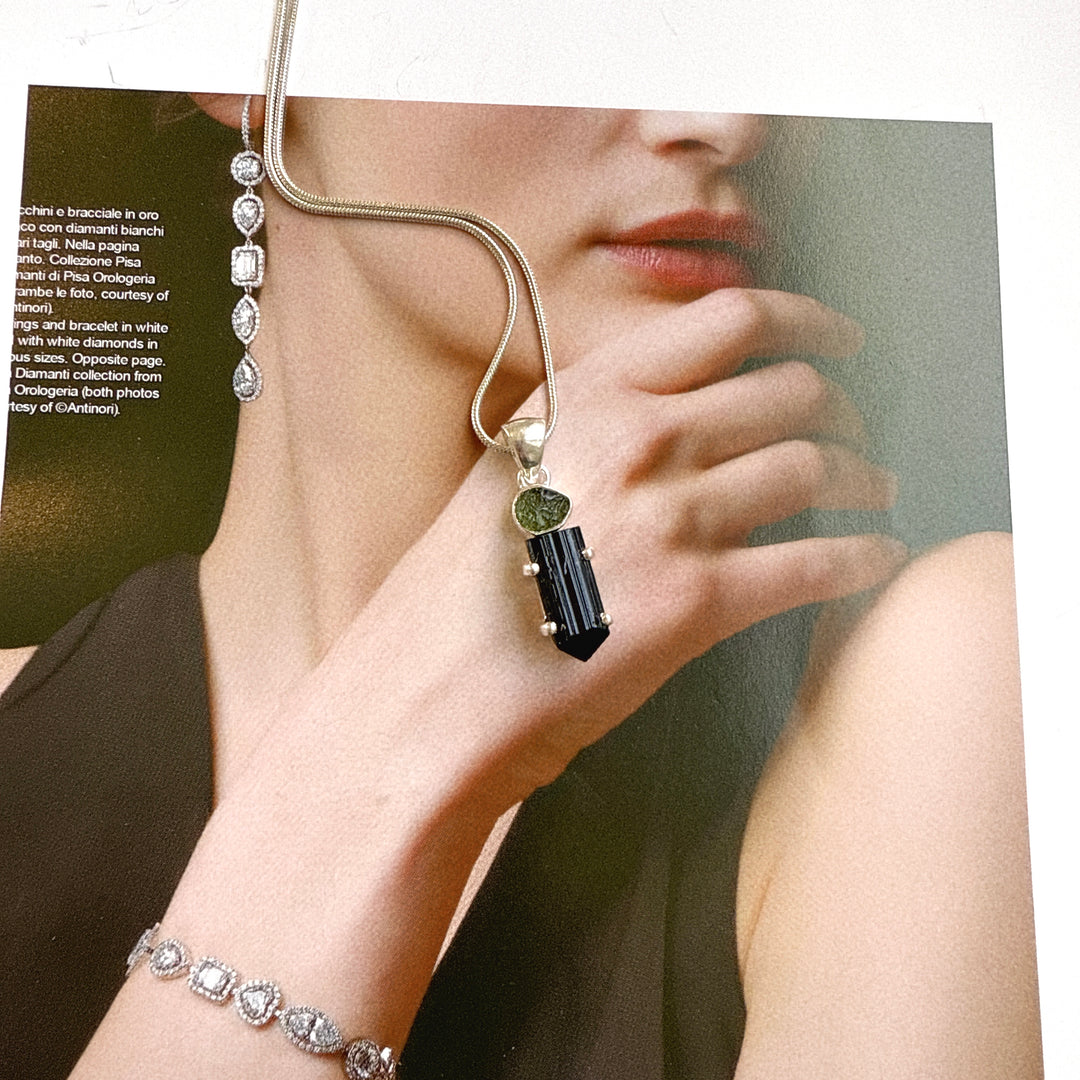 Moldavite & Black Tourmaline Pendant