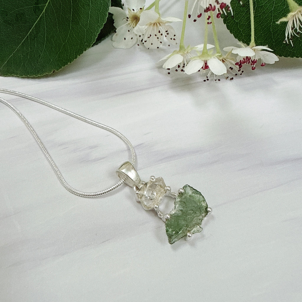 MOLDAVITE & HERKEMIER DIAMOND PENDANT