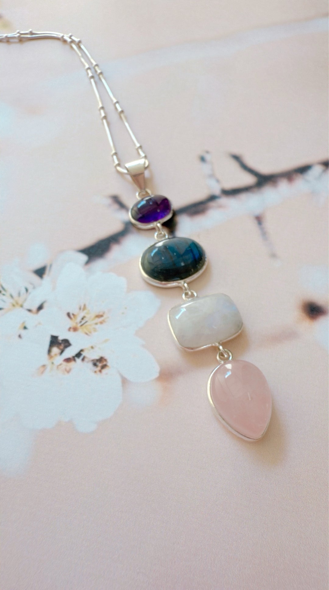 Amethyst, Rainbow Moonstone, Fiery Labradorite & Rose Quartz Pendant