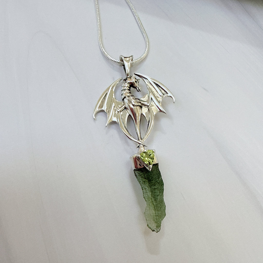Dragon, Moldavite & Peridot Faceted Pendant