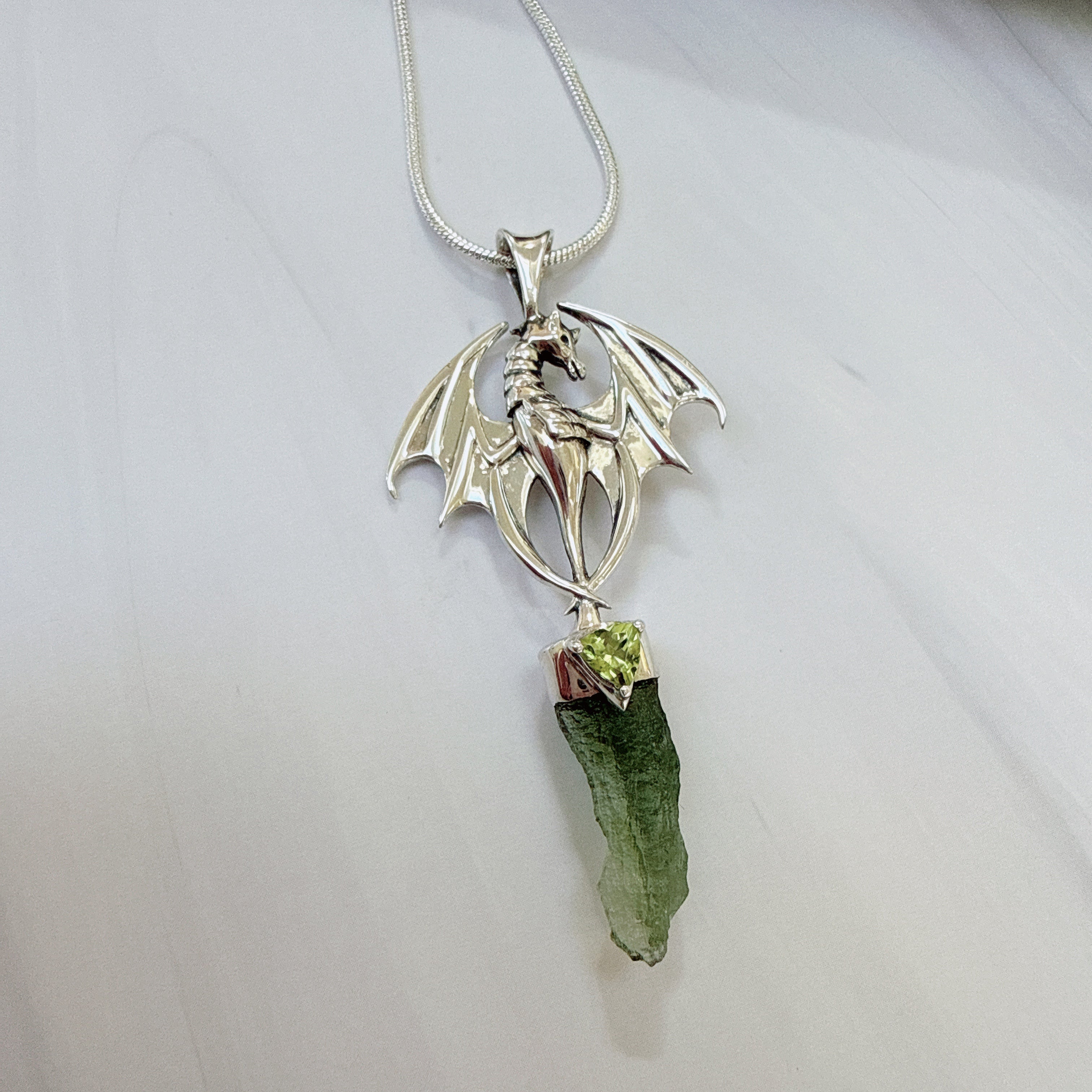 Dragon, Moldavite & Peridot Faceted Pendant