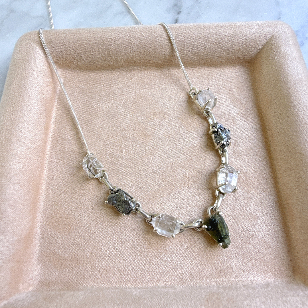 Moldavite, Herkimer Diamond & Meteorite Campo Del Cielo Necklace