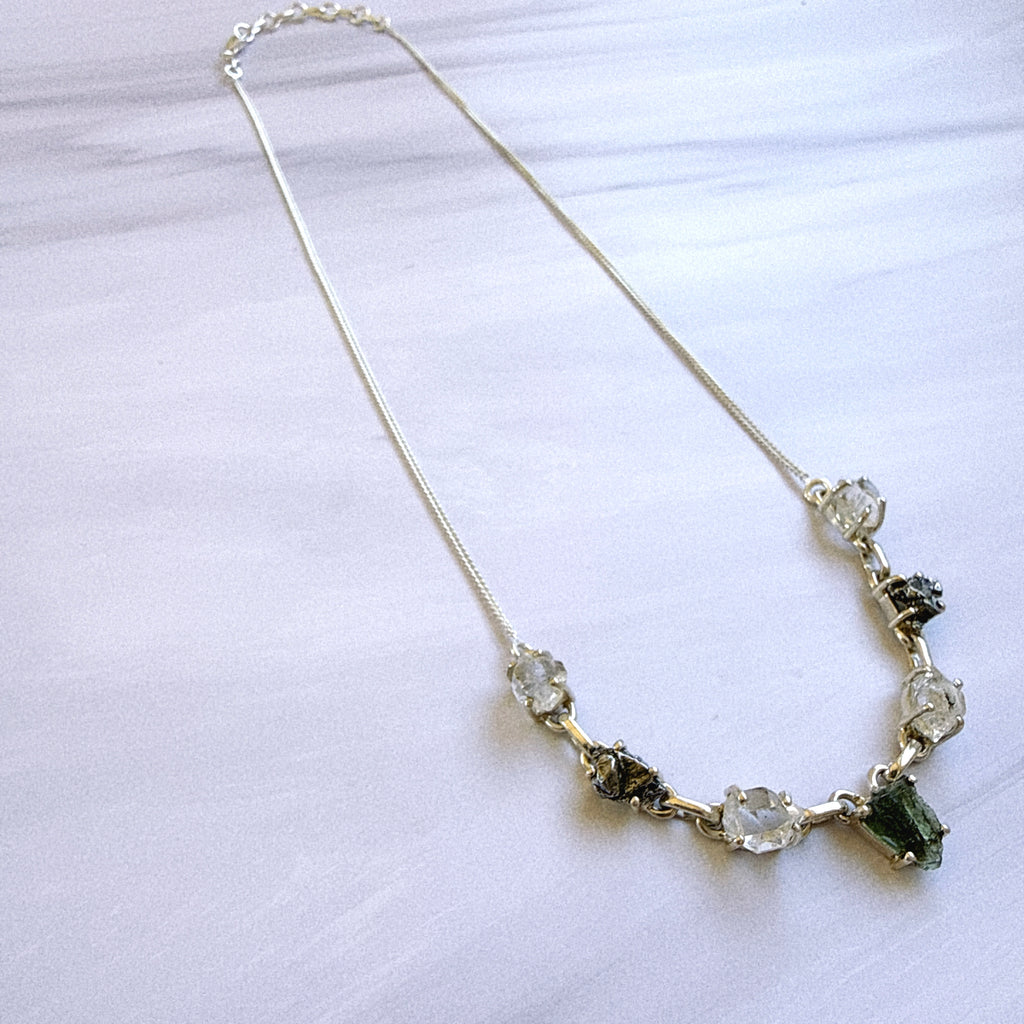 Moldavite, Herkimer Diamond & Meteorite Campo Del Cielo Necklace