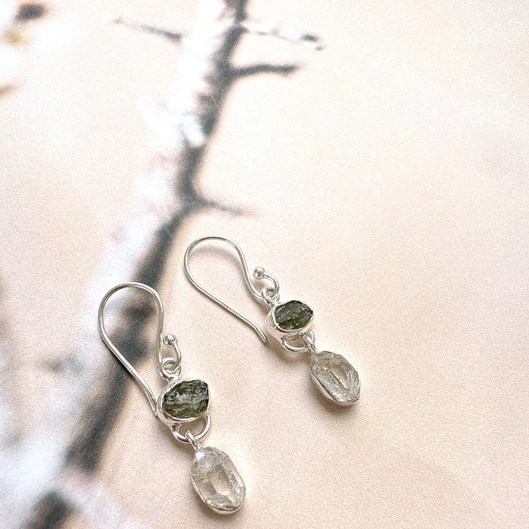 Moldavite & Herkemir Diamond Earrings