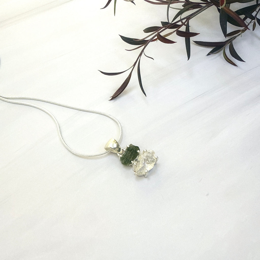 Moldavite with Herkimer Diamond Pendant