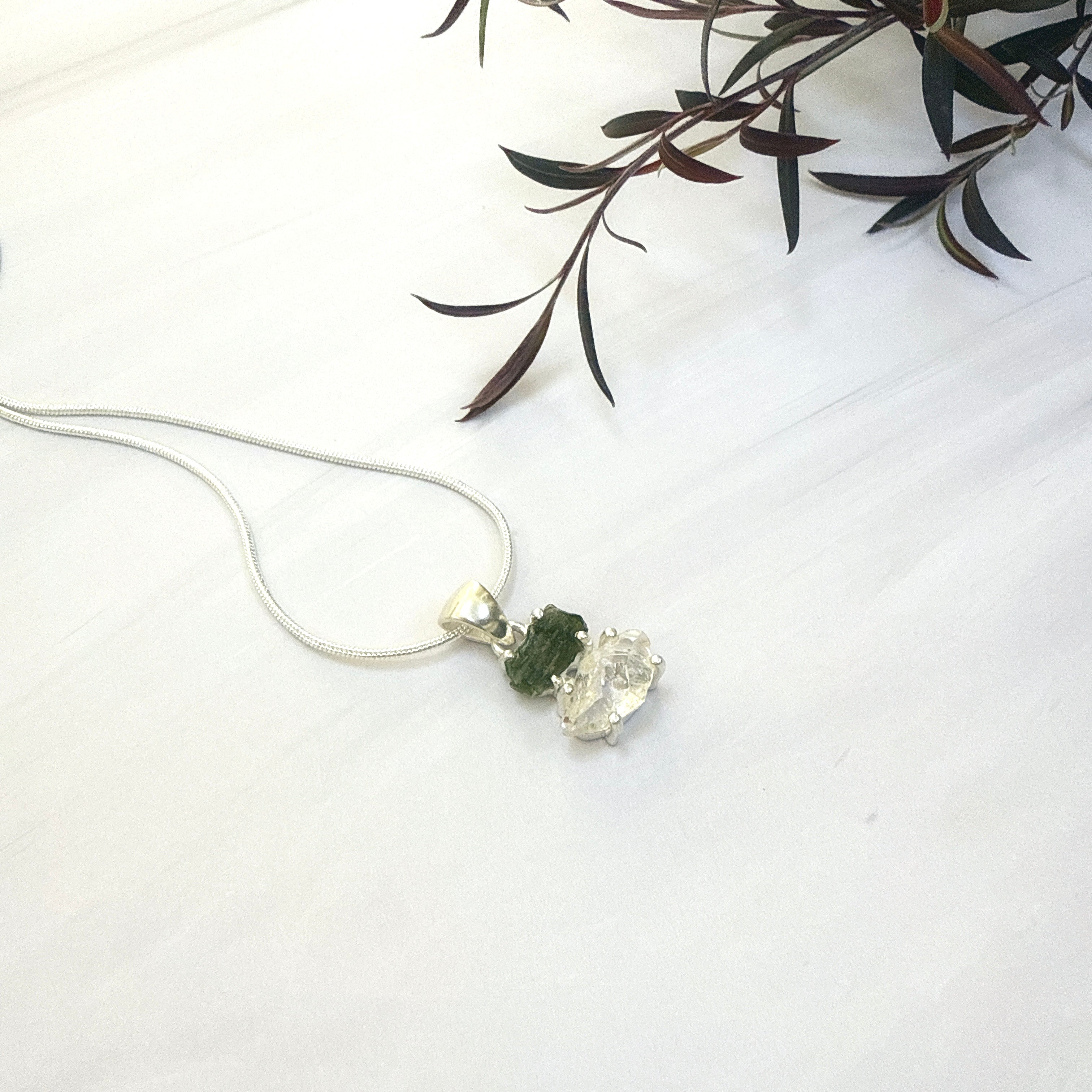 Moldavite with Herkimer Diamond Pendant