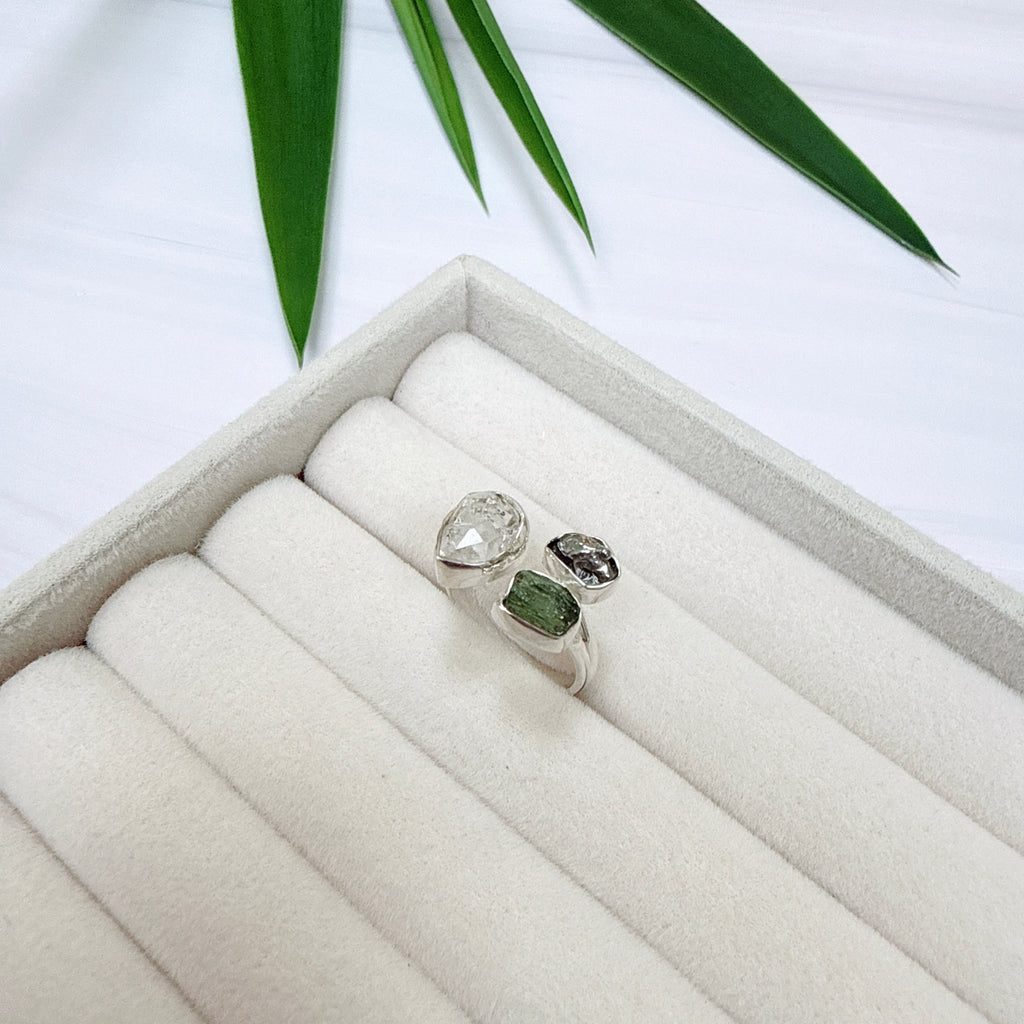 Moldavite, Herkimer Diamond & Meteorite Campo del Cielo Ring