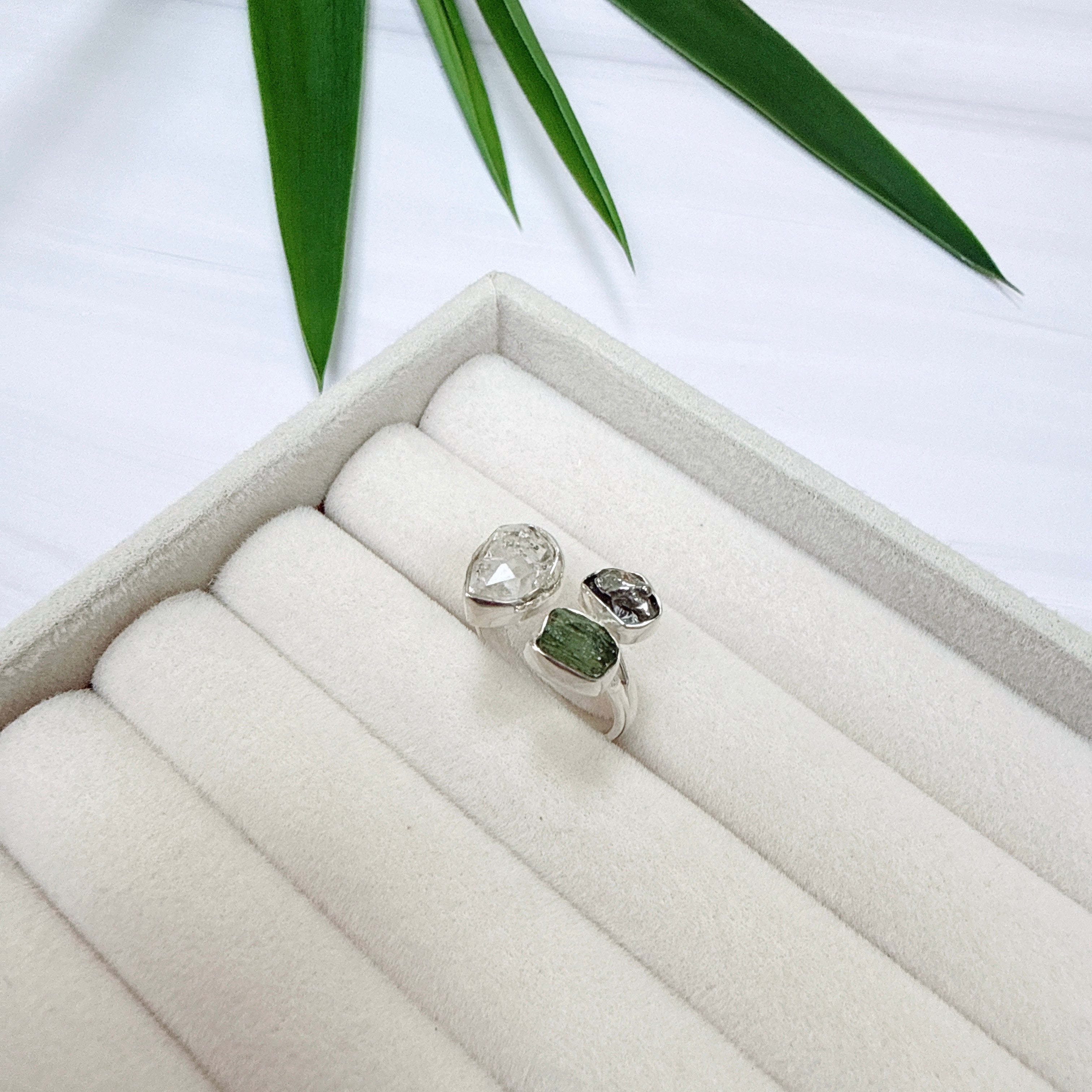 Moldavite, Herkimer Diamond & Meteorite Campo del Cielo Ring