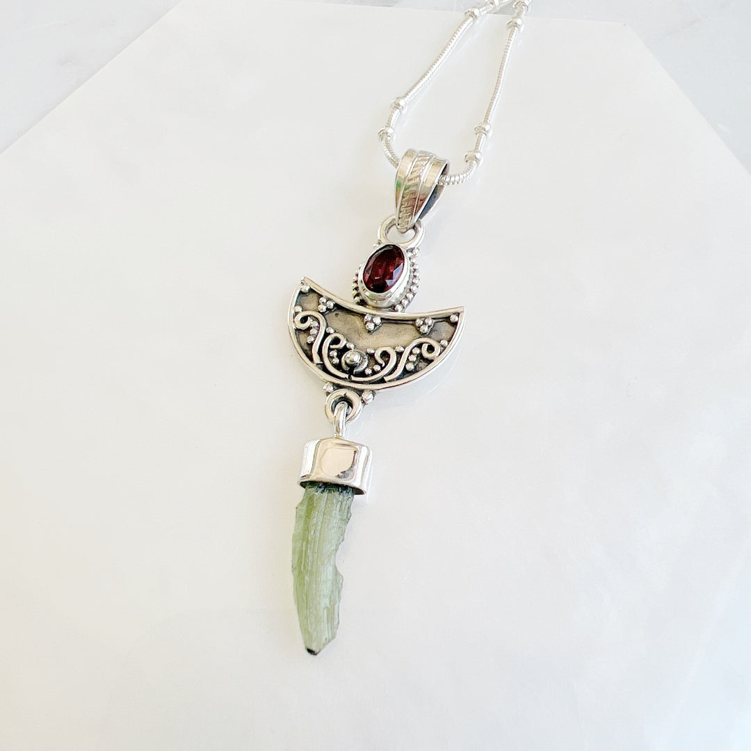 Moldavite & Garnet Pendant
