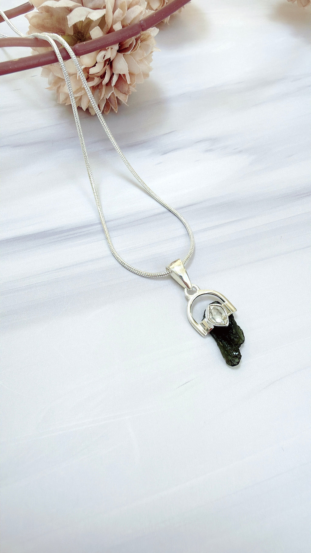 Moldavite with Herkimer Diamond Pendant