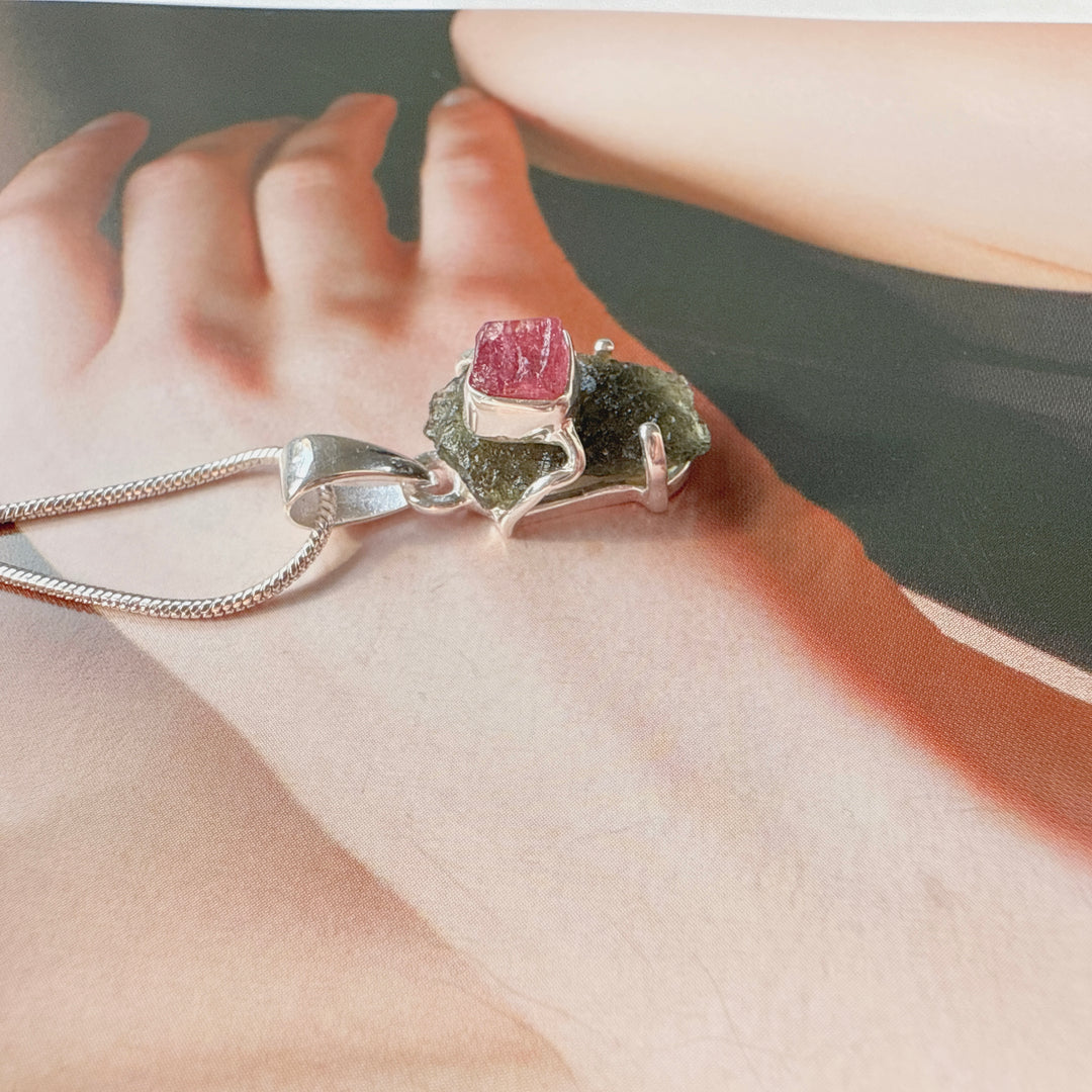 Moldavite & Pink Tourmaline Pendant