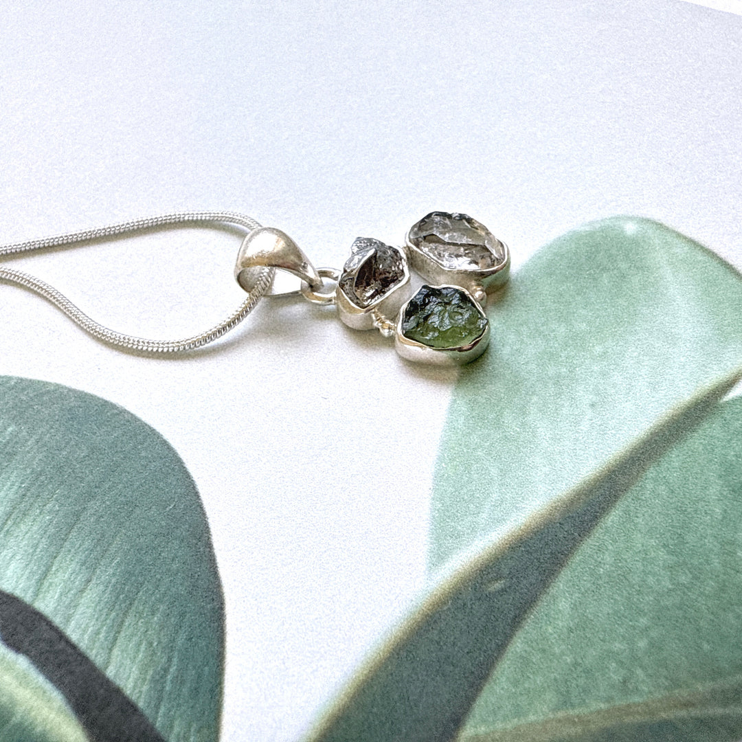 Moldavite, Herkimer Diamond & Campo del Cielo Meteorite Pendant
