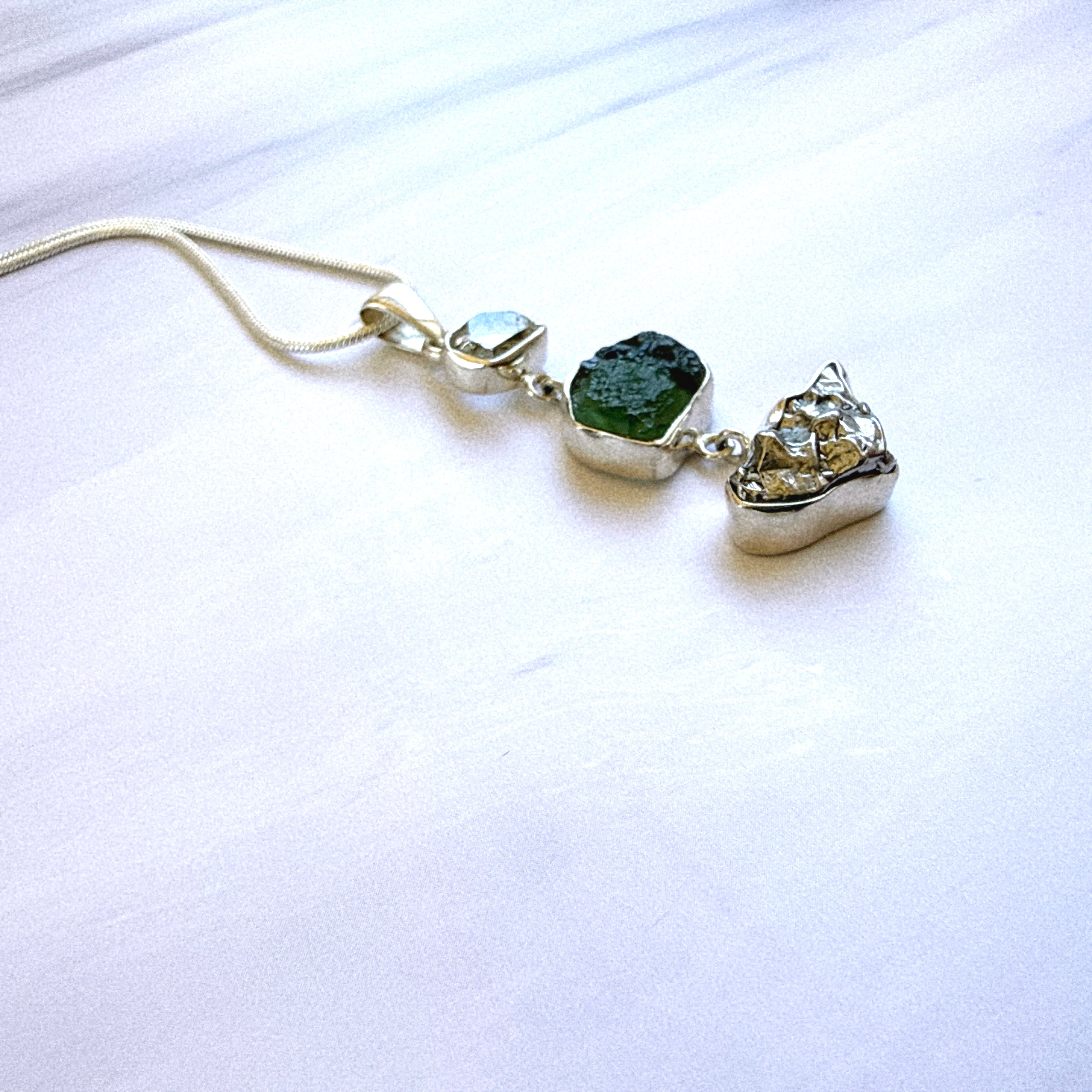 Moldavite, Herkimer Diamond & Campo del Cielo Meteorite Pendant
