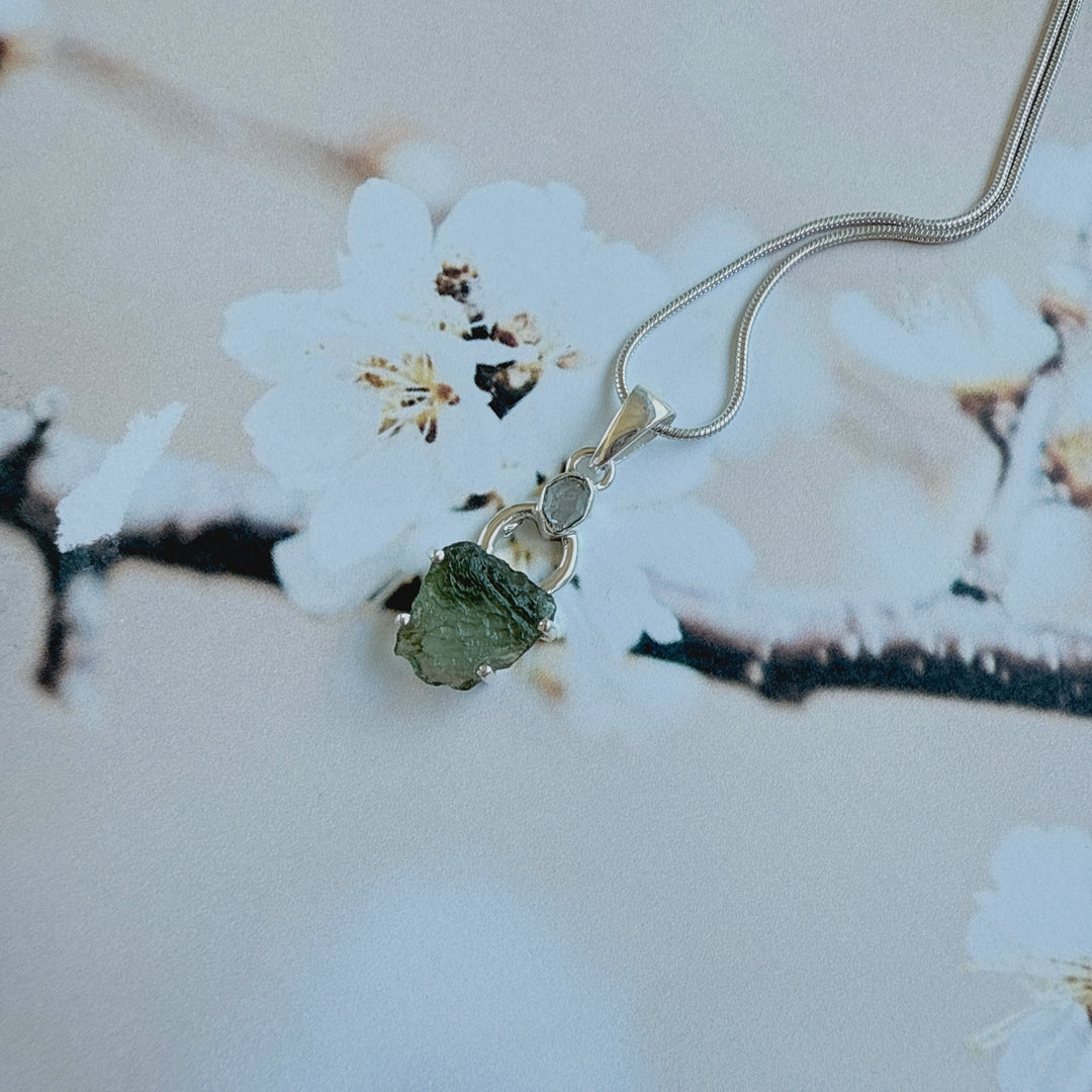 MOLDAVITE & HERKEMIER DIAMOND PENDANT