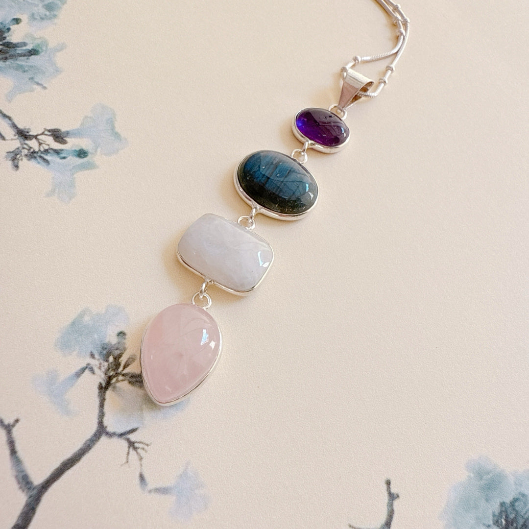 Amethyst, Rainbow Moonstone, Fiery Labradorite & Rose Quartz Pendant
