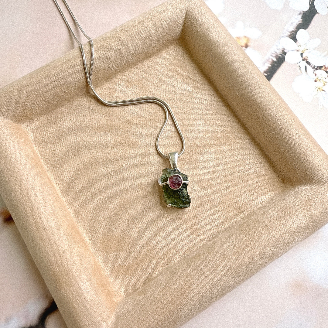 Moldavite & Pink Tourmaline Pendant
