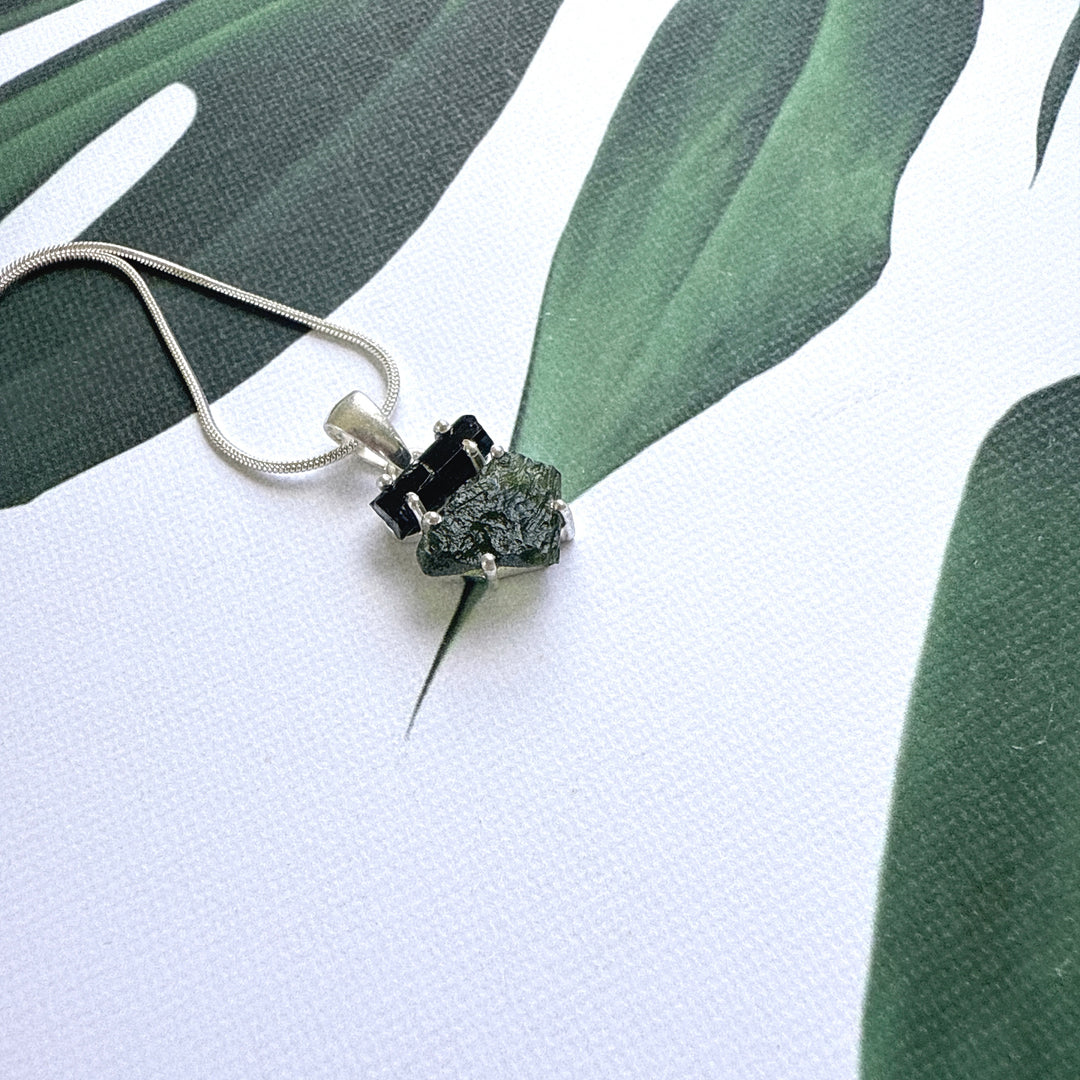 MOLDAVITE & BLACK TOURMALINE PENDANT