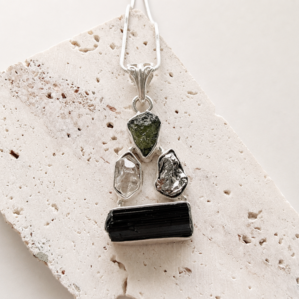 Designer – Moldavite, Herkimer Diamond, Meteorite Campo Del Cielo & Black Tourmaline Pendant