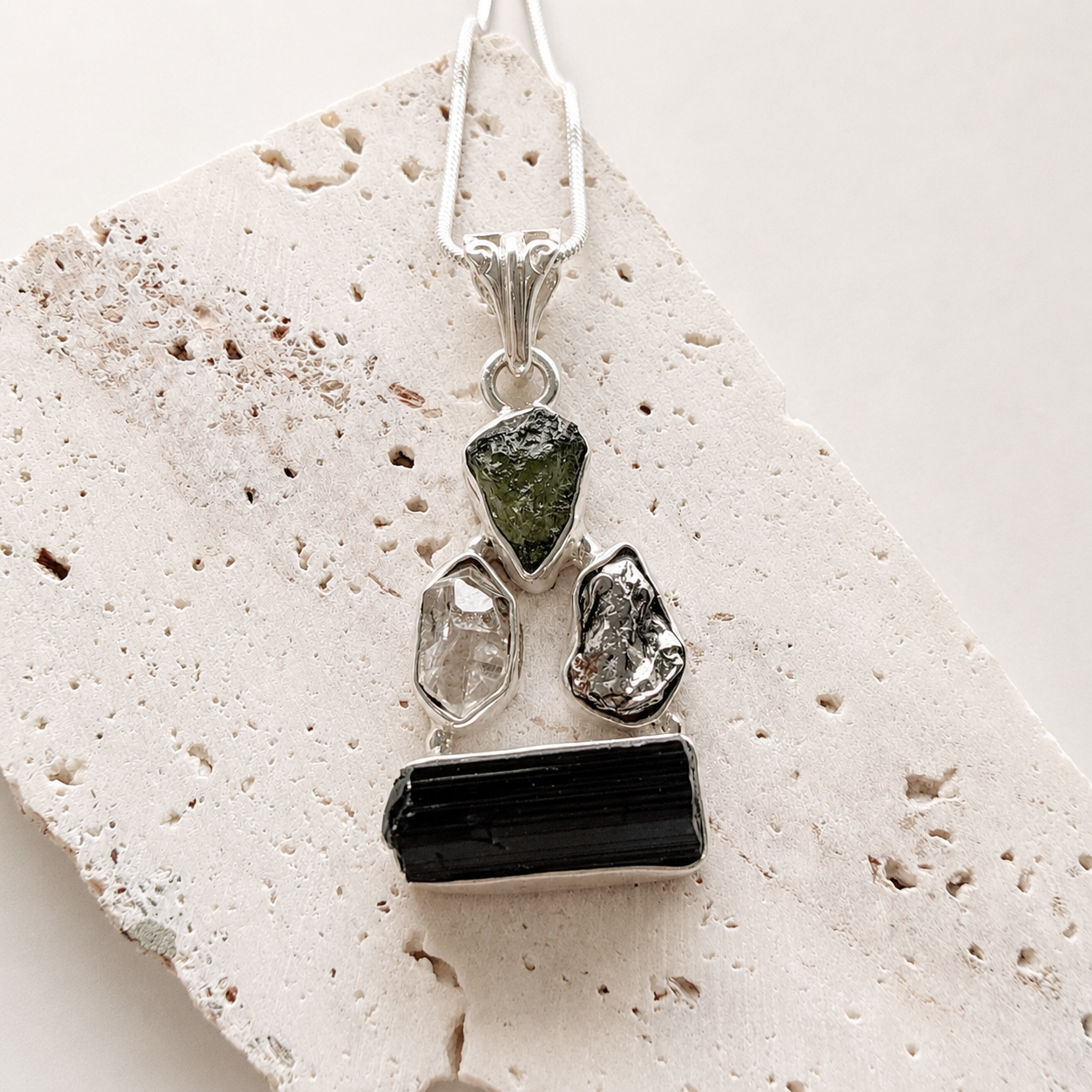 Designer – Moldavite, Herkimer Diamond, Meteorite Campo Del Cielo & Black Tourmaline Pendant