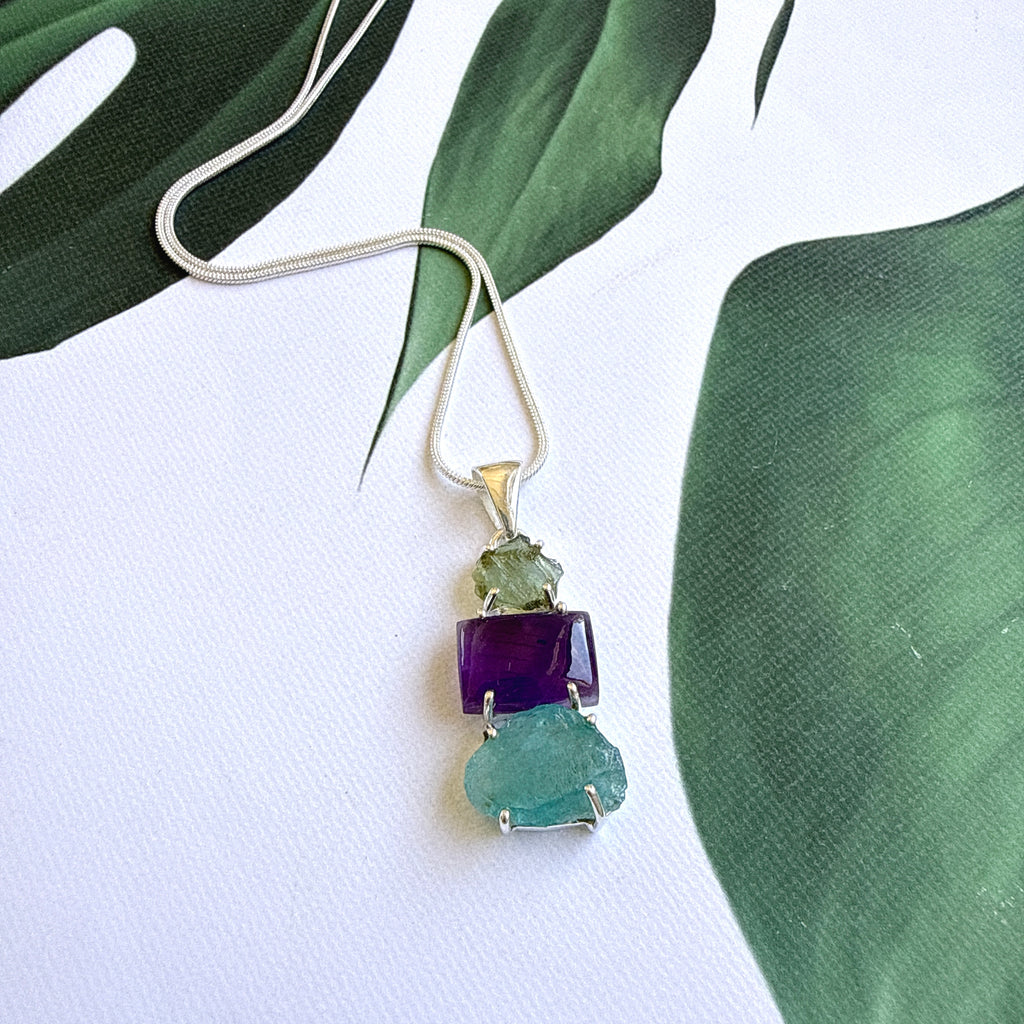 Moldavite, Amethyst & Neon Blue Apatite Pendant