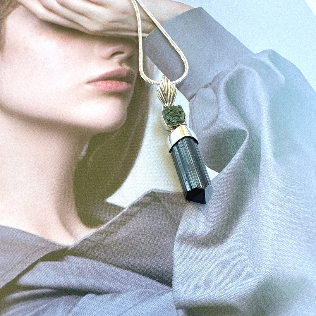 MOLDAVITE & BLACK TOURMALINE PENDANT