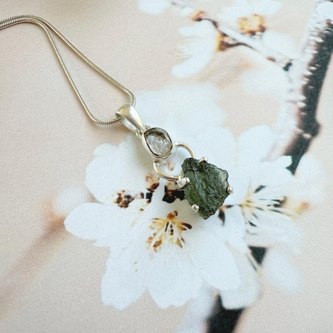 MOLDAVITE & HERKEMIER DIAMOND PENDANT
