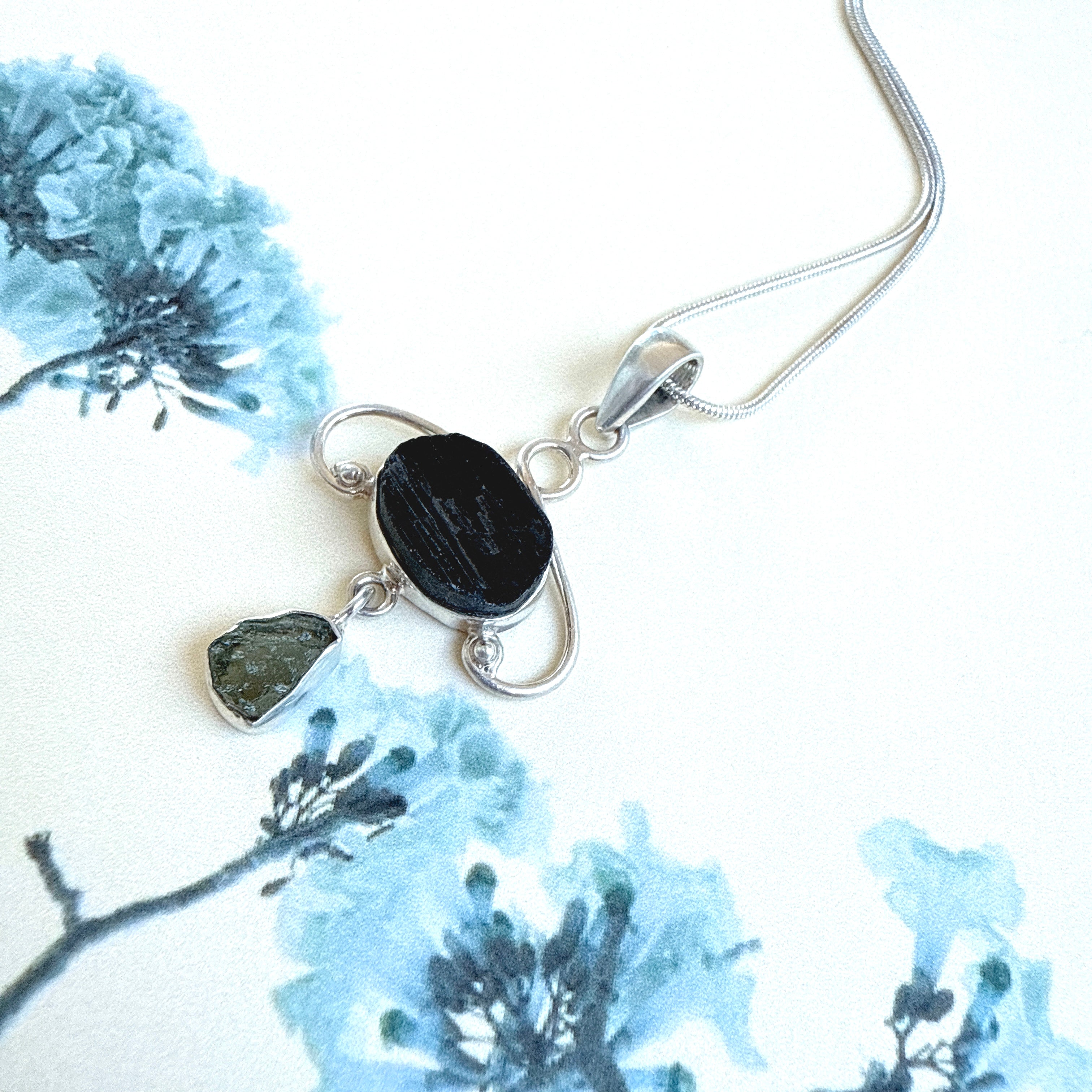 MOLDAVITE & BLACK TOURMALINE PENDANT
