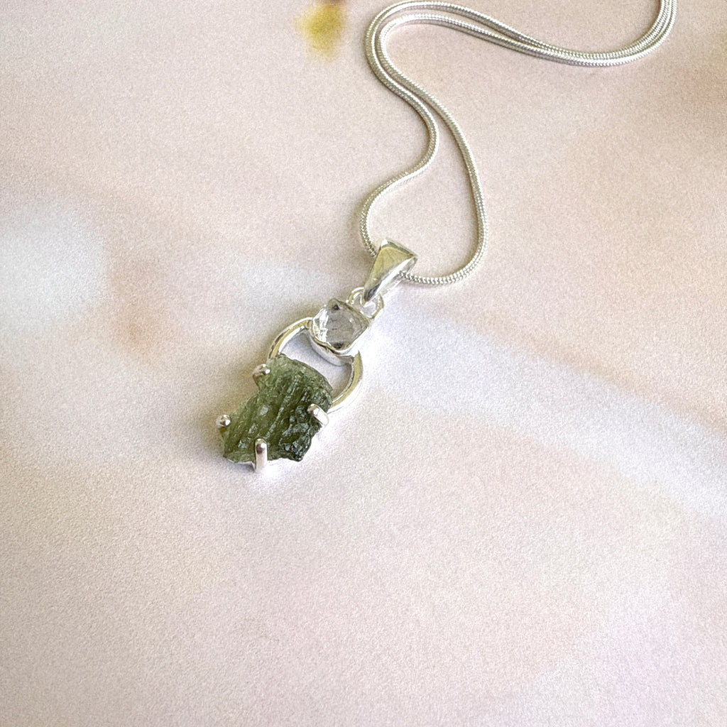 MOLDAVITE & HERKEMIER DIAMOND PENDANT