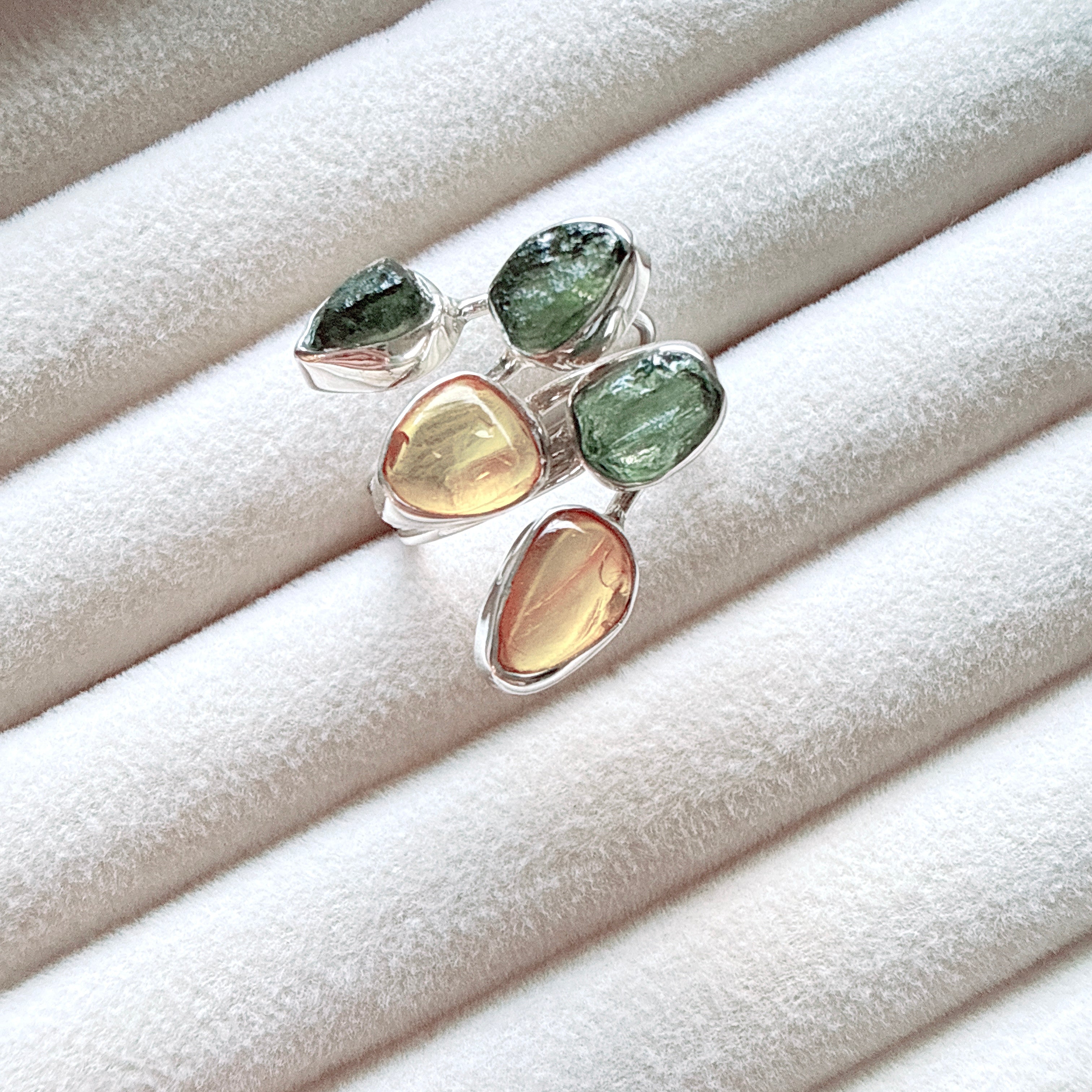 Designer – Moldavite & Baltic Amber Ring