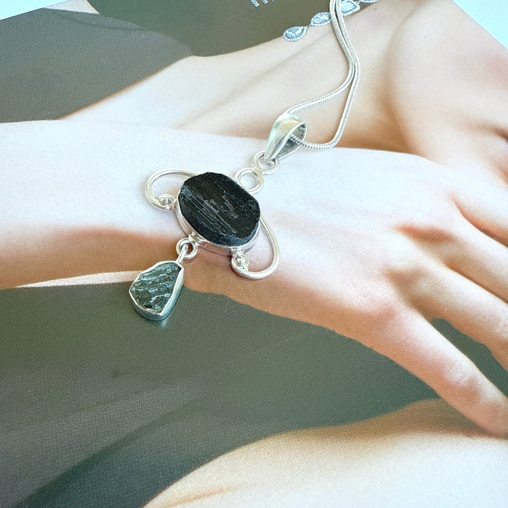 MOLDAVITE & BLACK TOURMALINE PENDANT