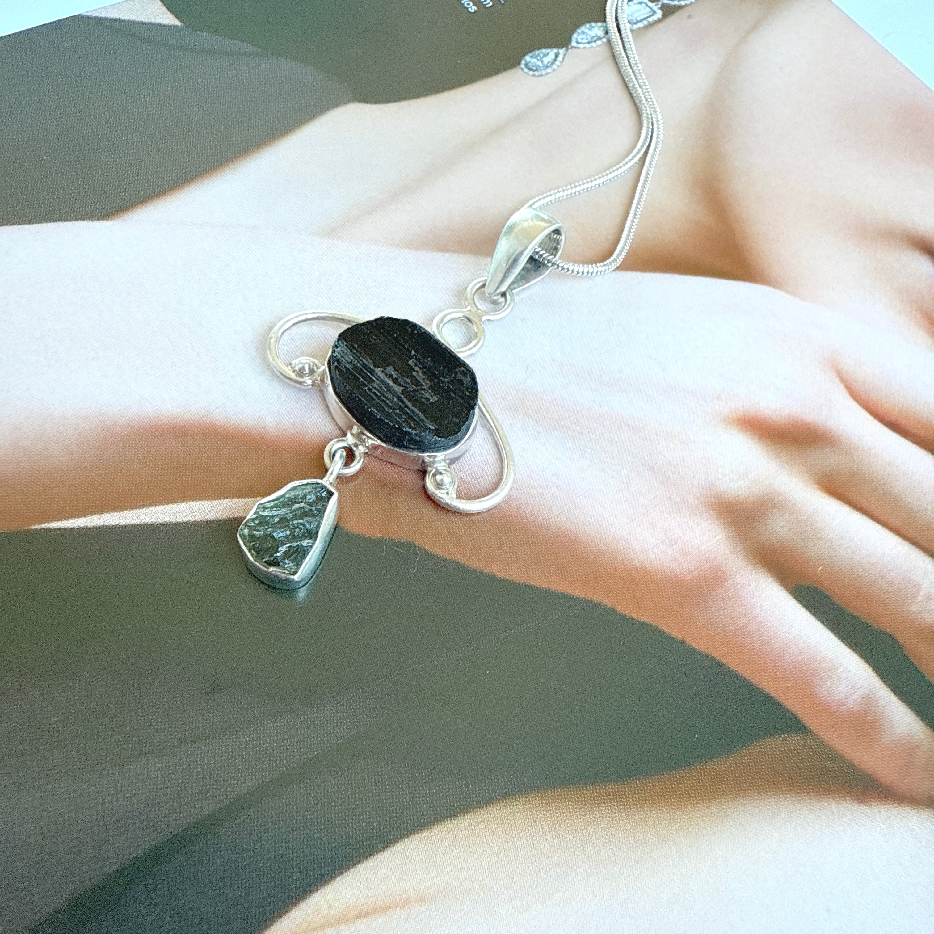 MOLDAVITE & BLACK TOURMALINE PENDANT