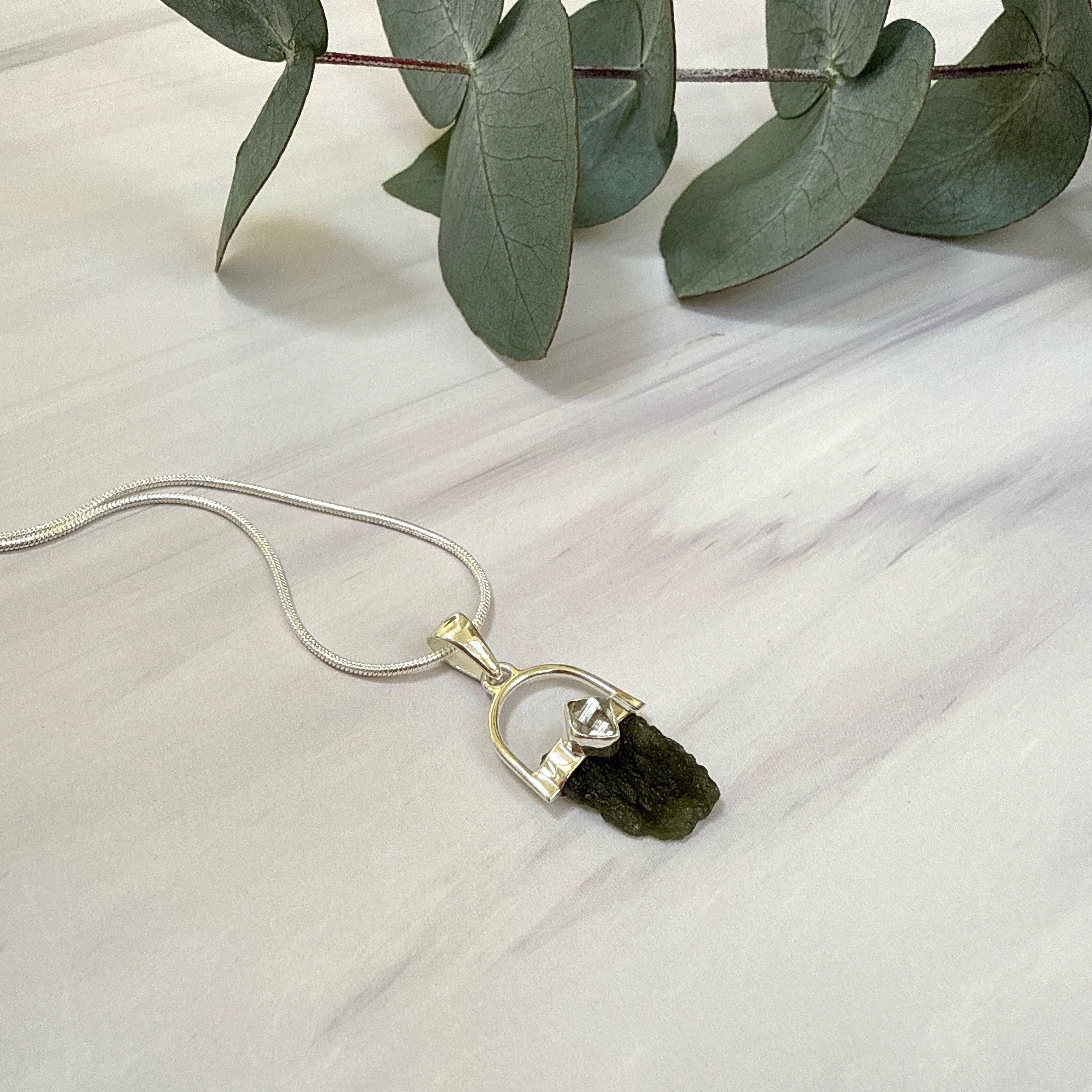 Moldavite with Herkimer Diamond Pendant