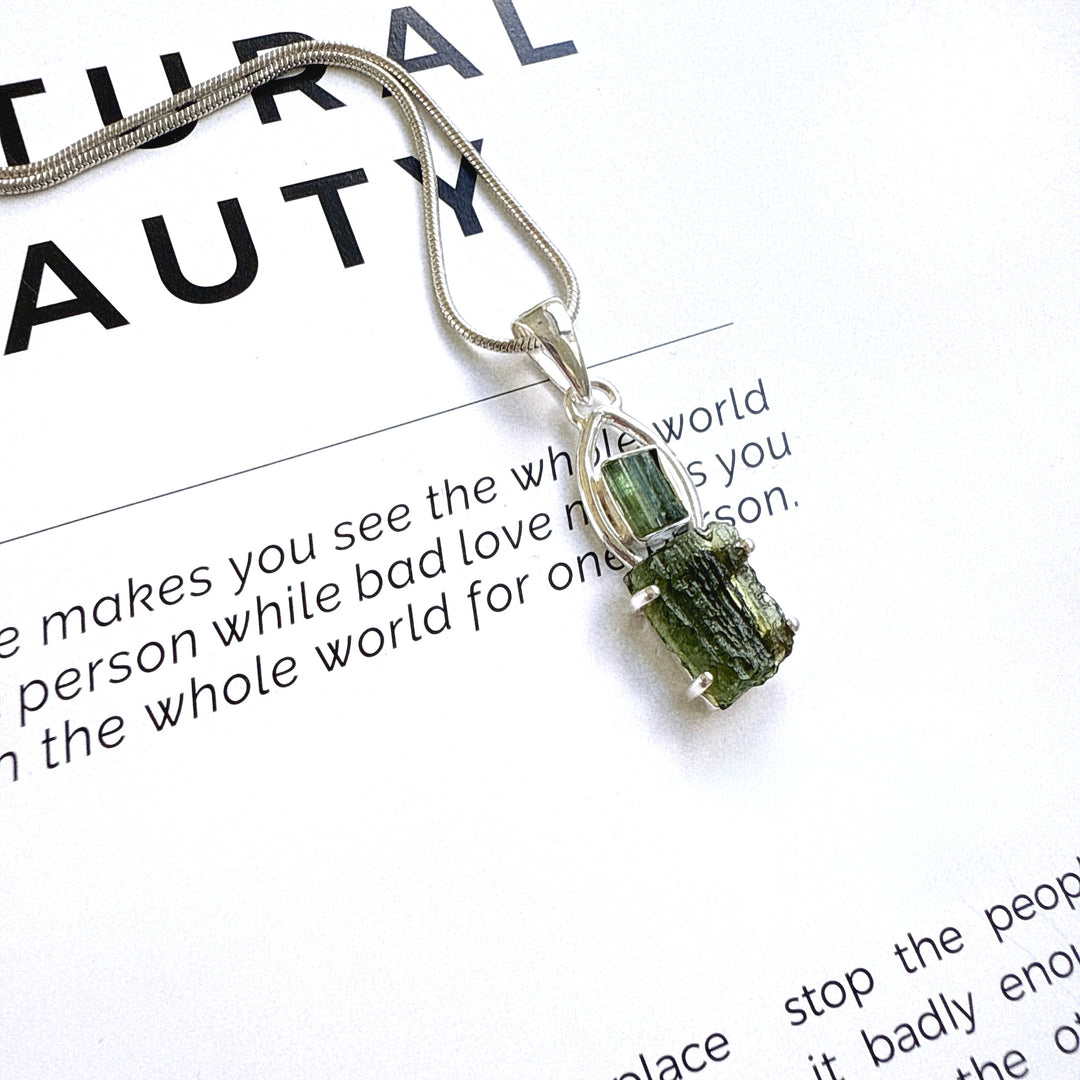 Moldavite & Green Tourmaline Pendant