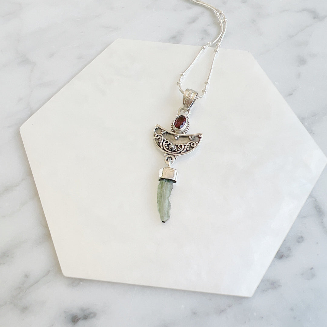 Moldavite & Garnet Pendant