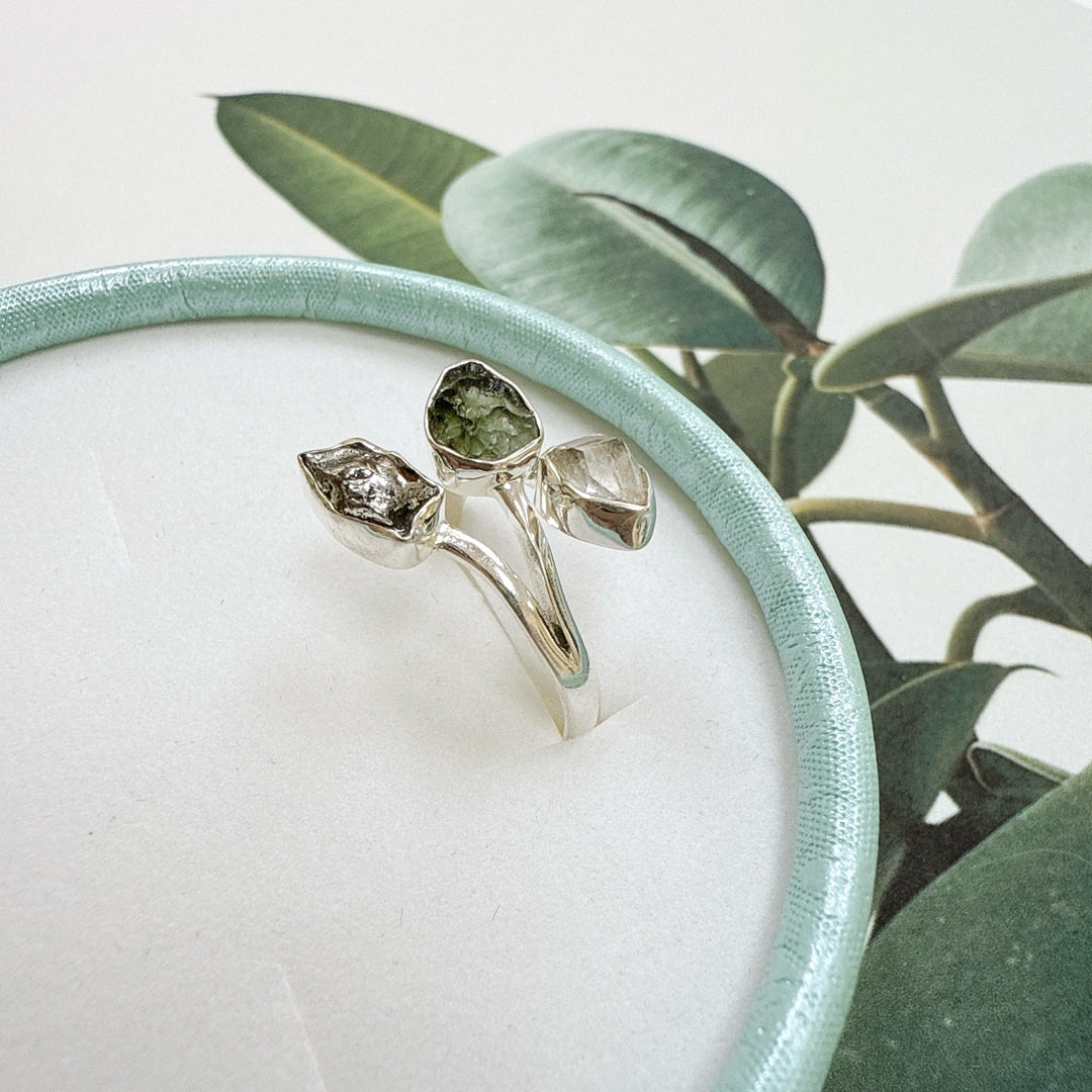 MOLDAVITE, HERKIMER DIAMOND & CAMPO DEL CIELO RING