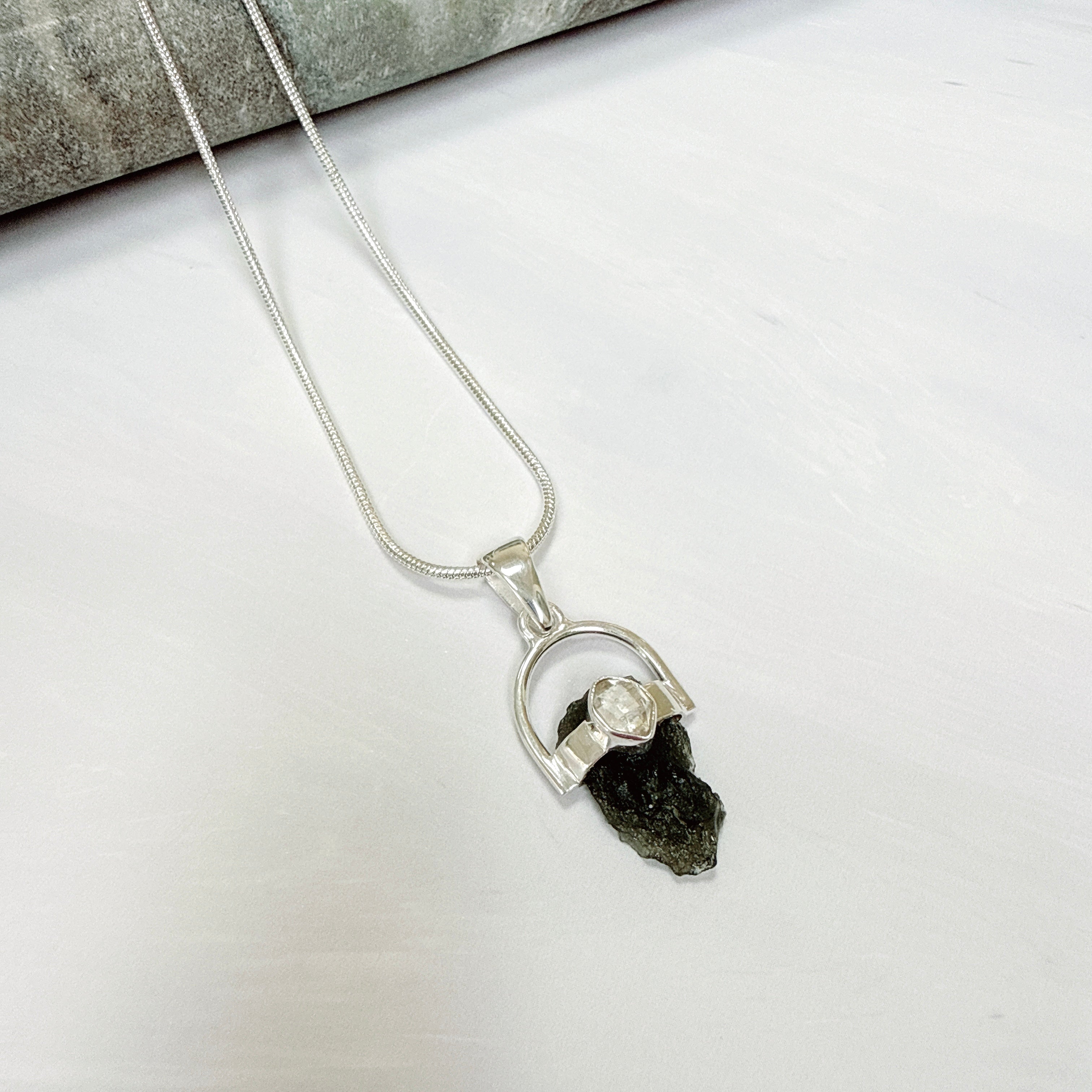 Moldavite with Herkimer Diamond Pendant