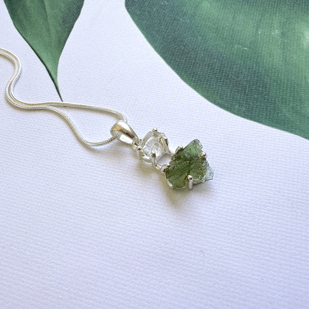 MOLDAVITE & HERKEMIER DIAMOND PENDANT