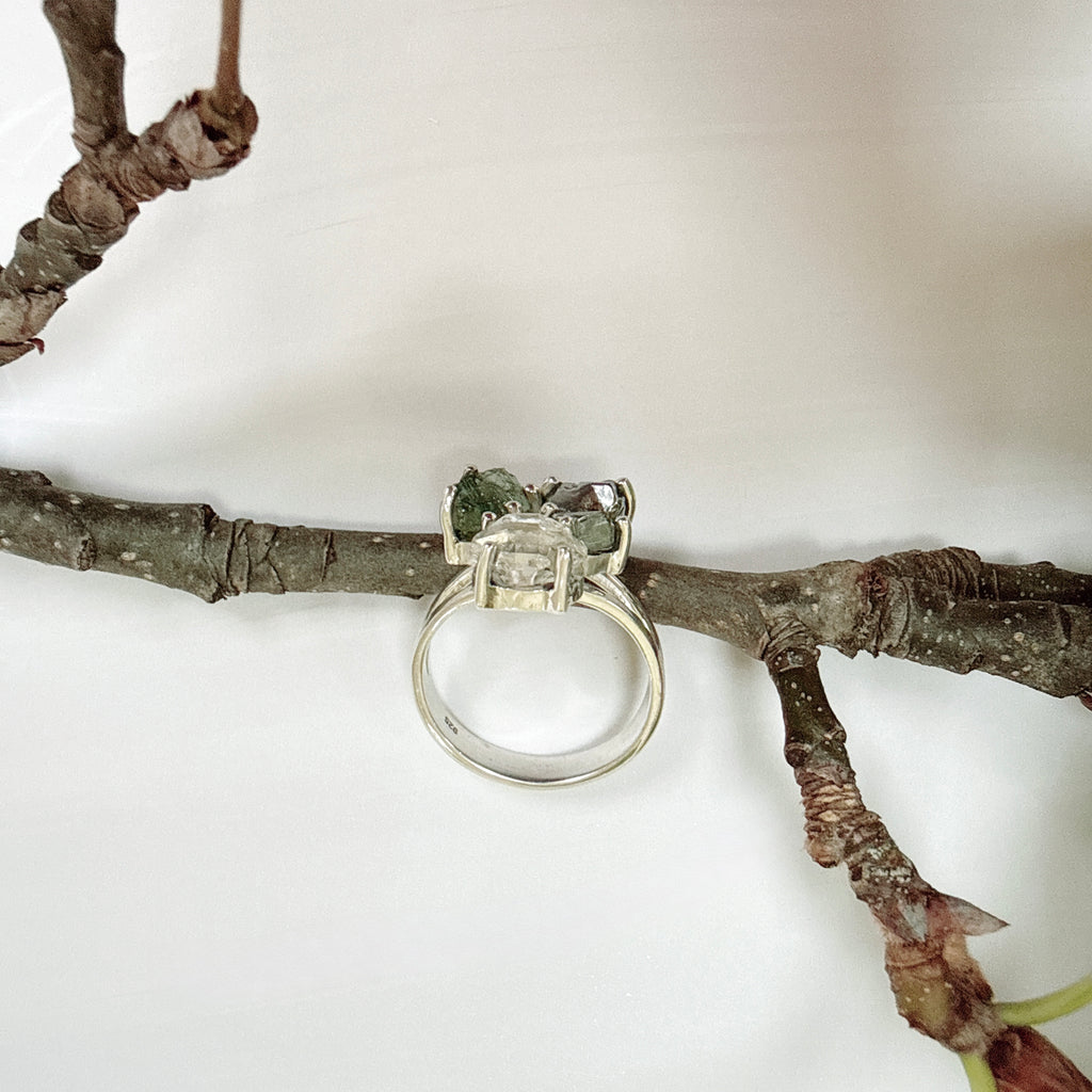 Moldavite, Herkimer Diamond & Meteorite Campo del Cielo Ring
