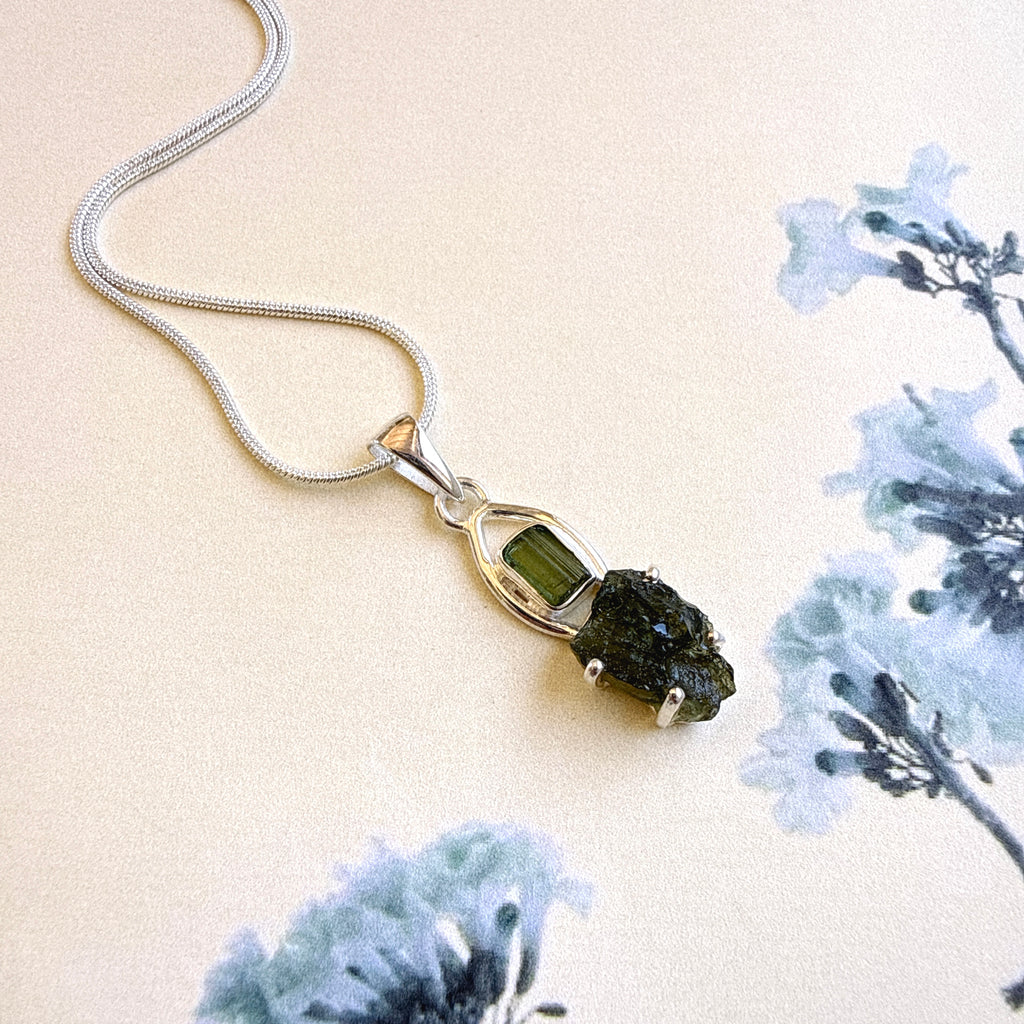 Moldavite & Green Tourmaline Pendant