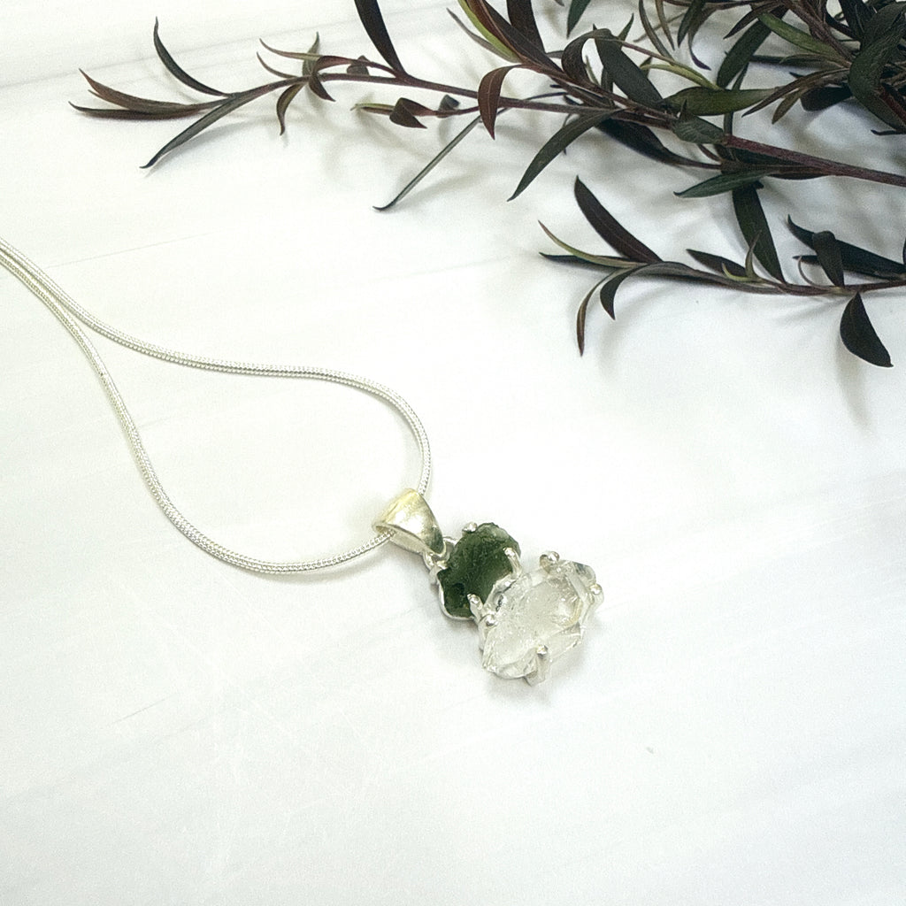 Moldavite with Herkimer Diamond Pendant