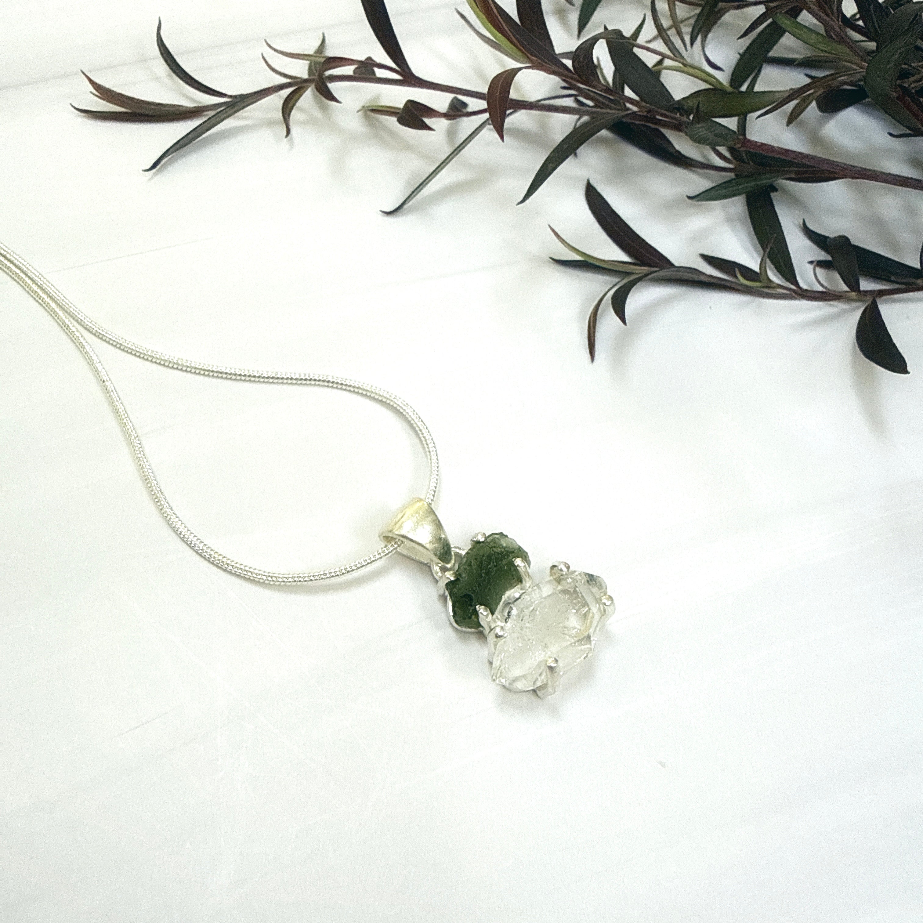 Moldavite with Herkimer Diamond Pendant