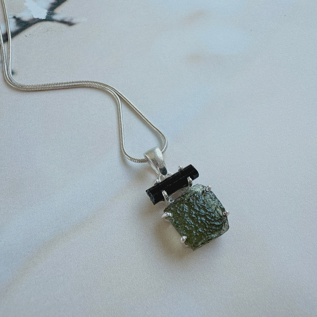 MOLDAVITE & BLACK TOURMALINE PENDANT