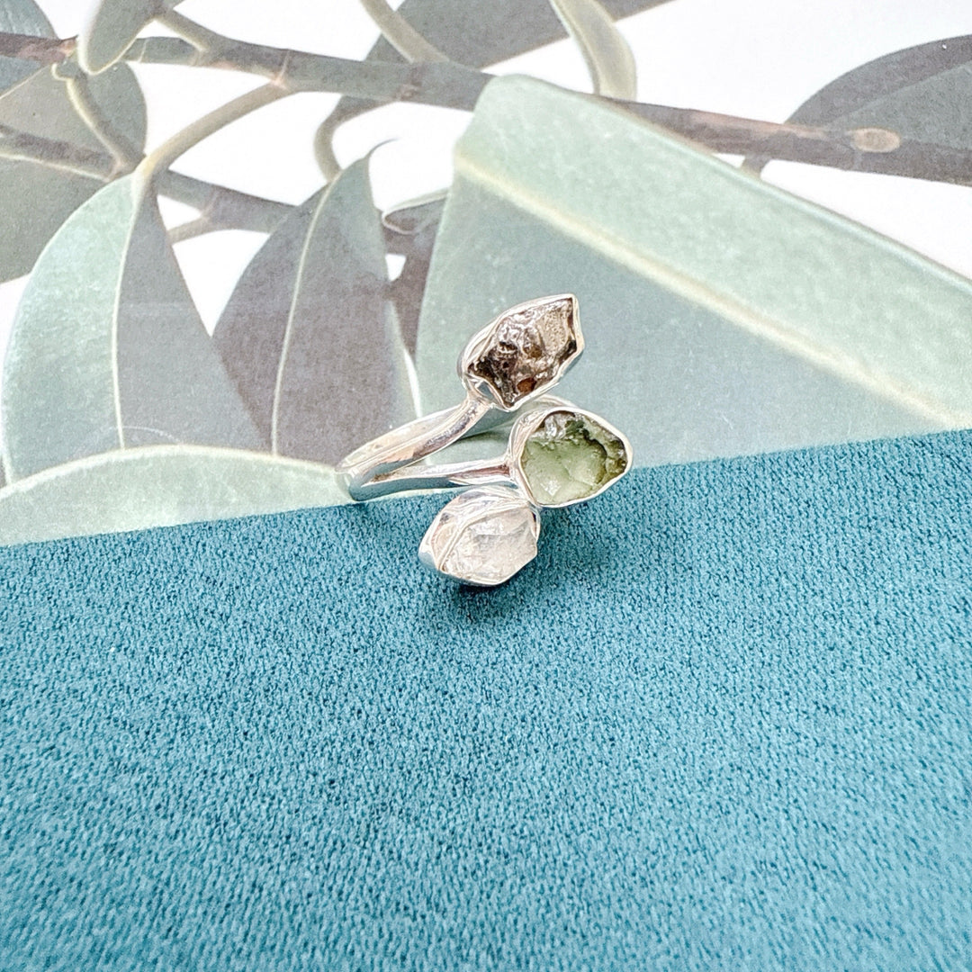 MOLDAVITE, HERKIMER DIAMOND & CAMPO DEL CIELO RING
