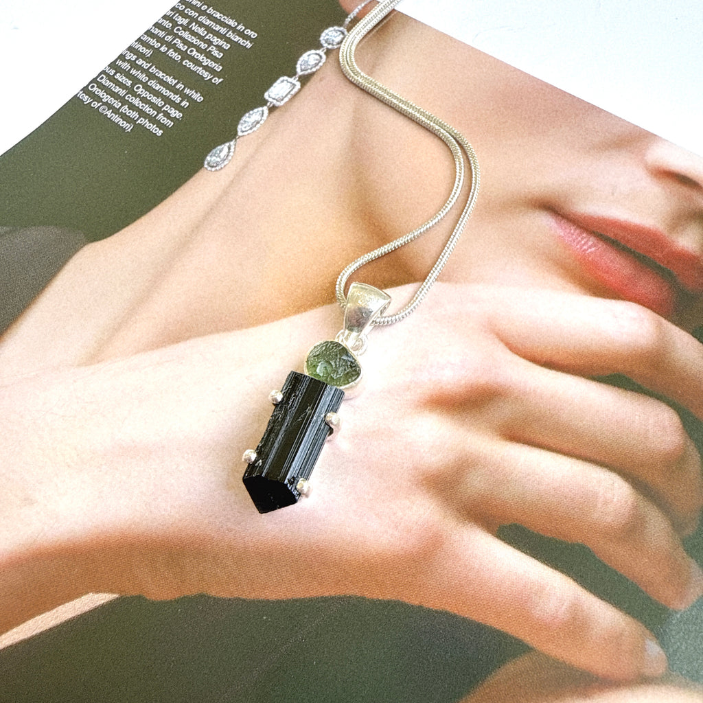 Moldavite & Black Tourmaline Pendant