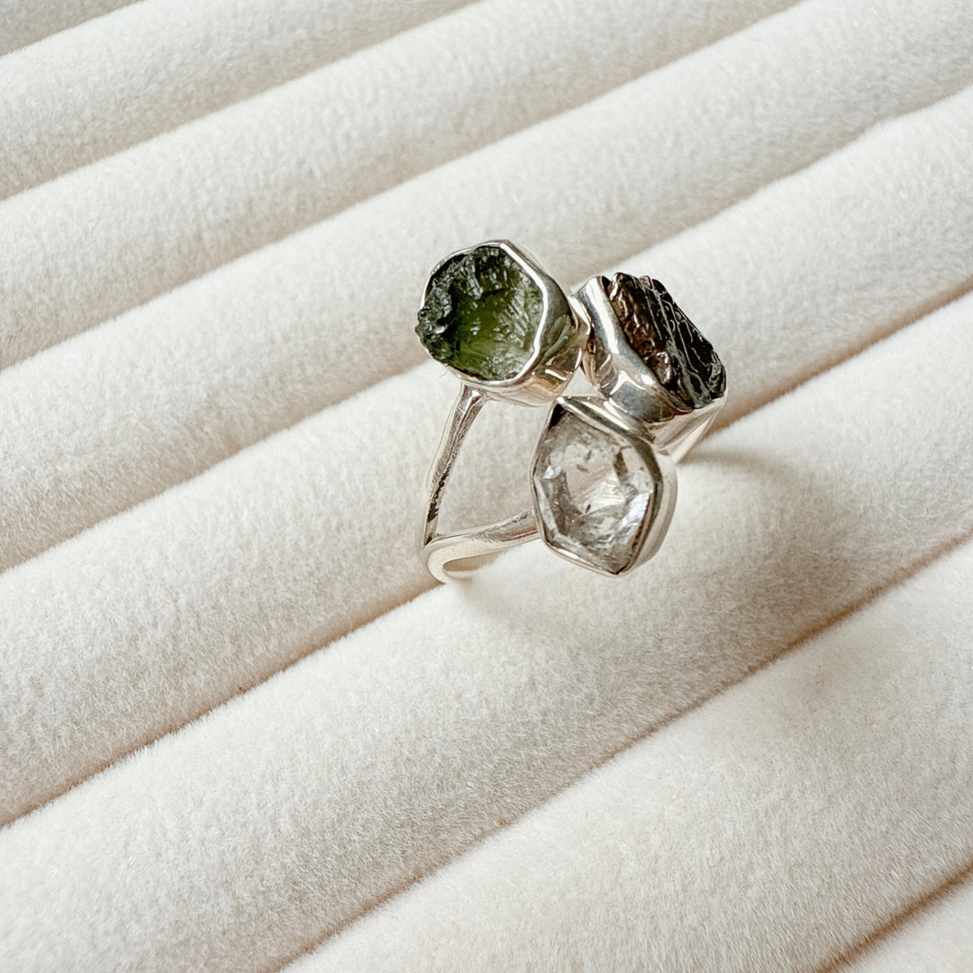 MOLDAVITE, HERKIMER DIAMOND & CAMPO DEL CIELO RING