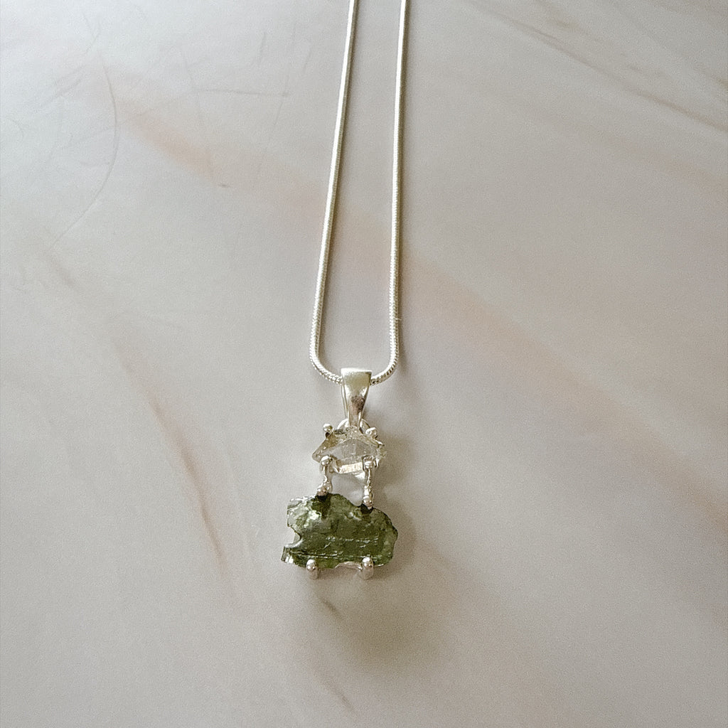 Moldavite with Herkimer Diamond Pendant