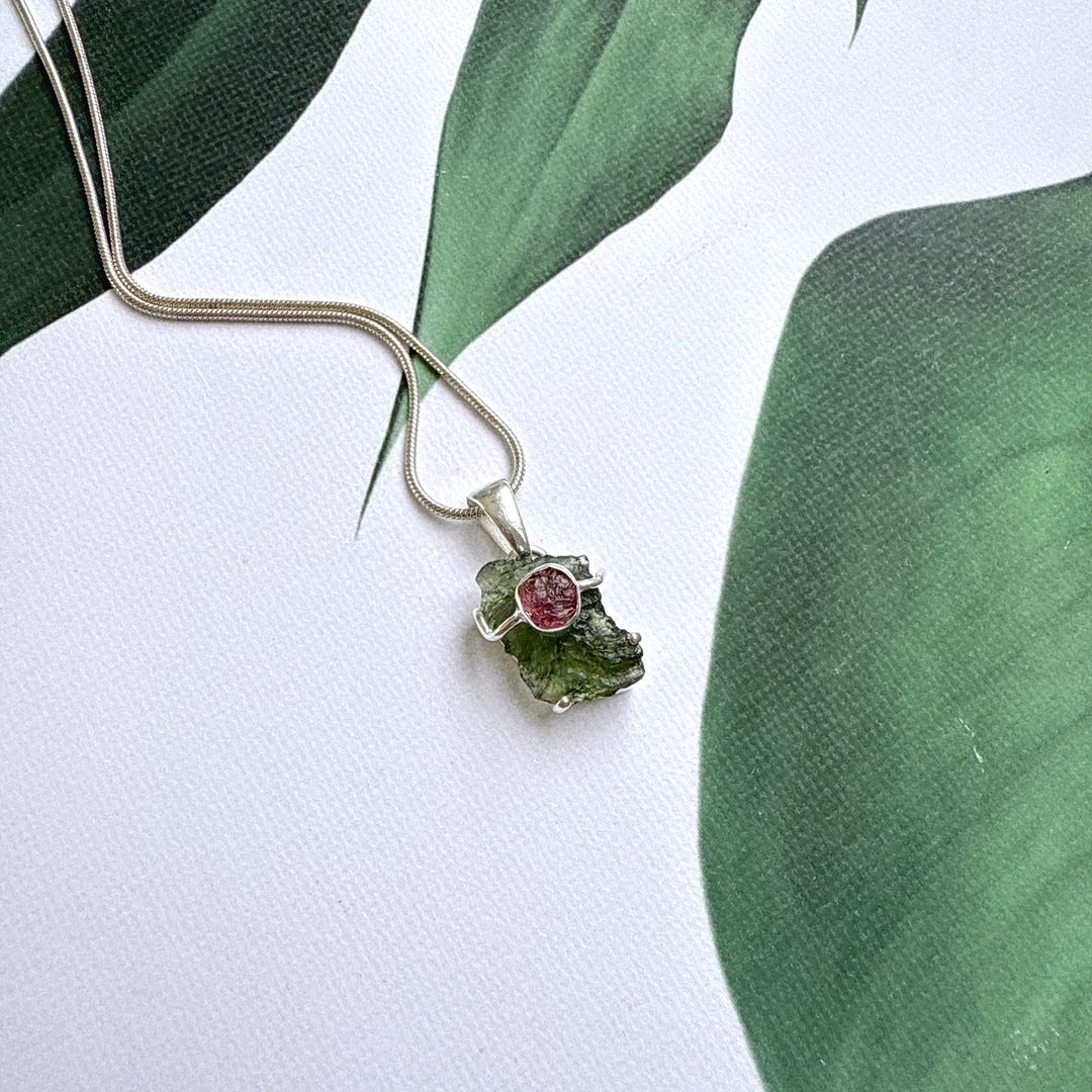 Moldavite & Pink Tourmaline Pendant