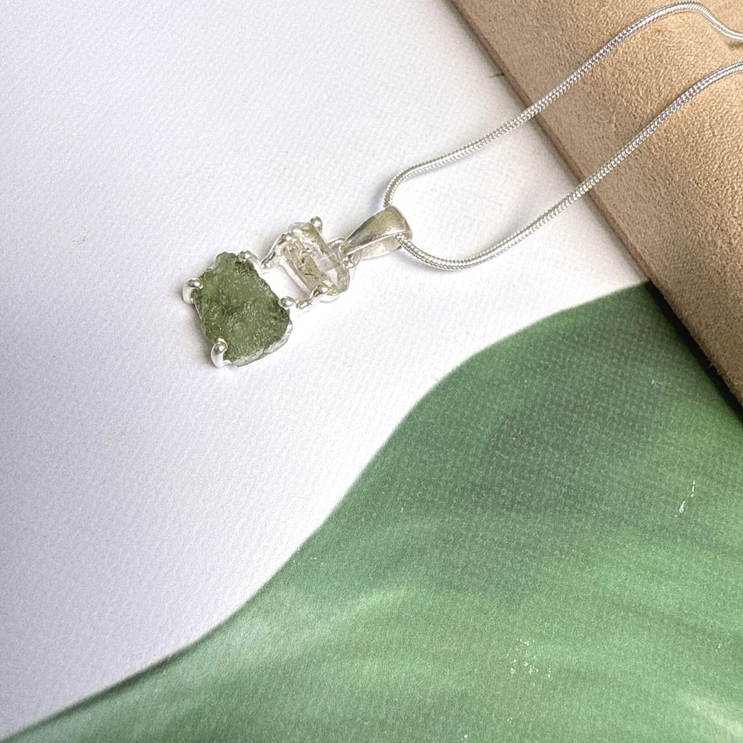 MOLDAVITE & HERKEMIER DIAMOND PENDANT
