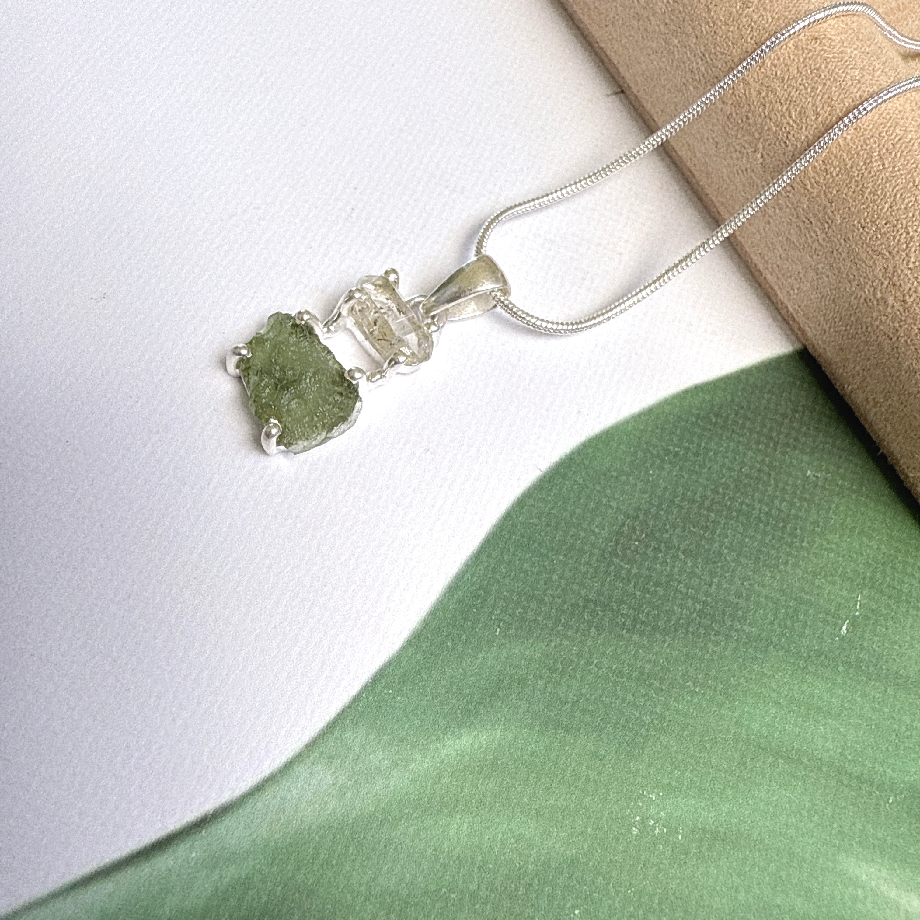 MOLDAVITE & HERKEMIER DIAMOND PENDANT